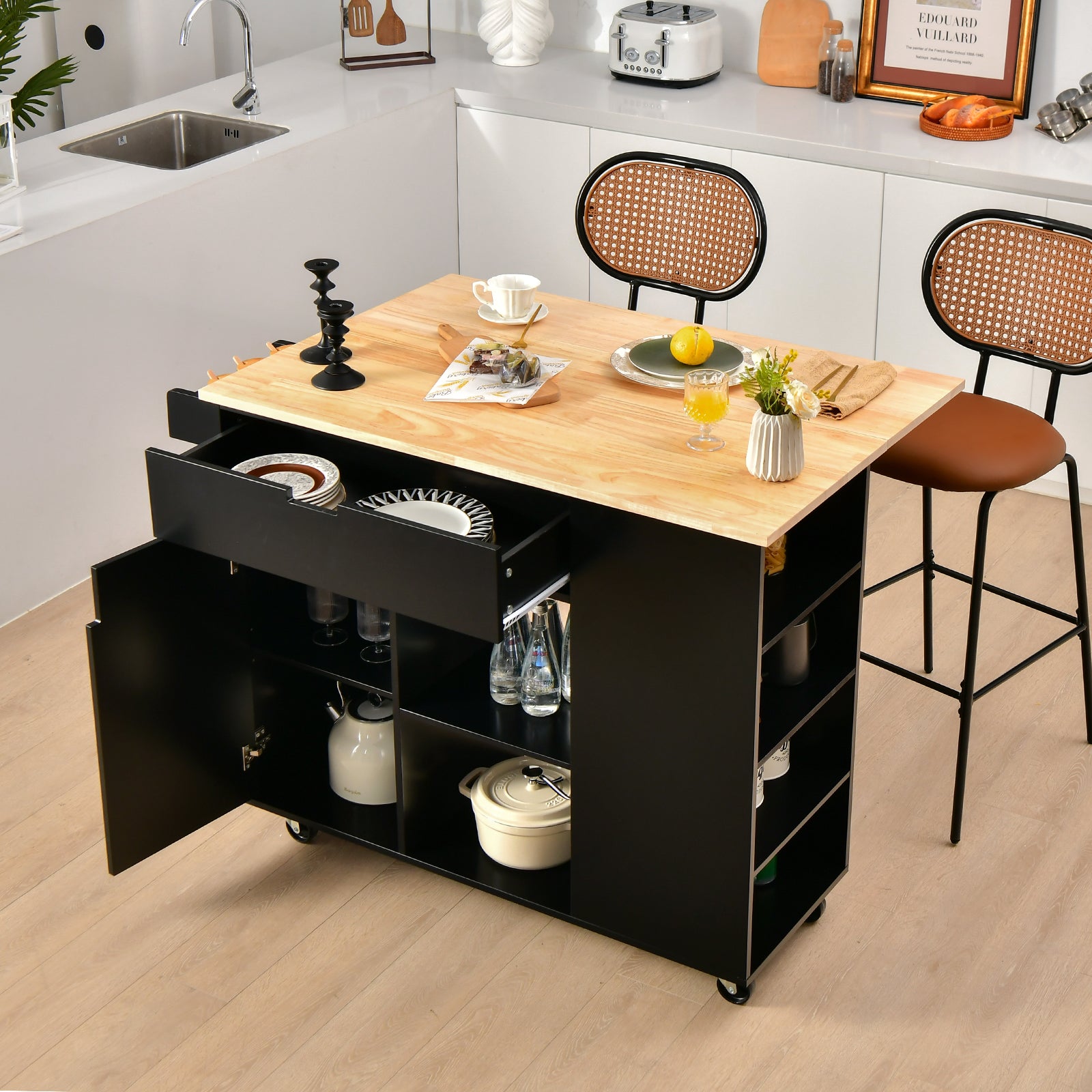 Drop-Leaf Rolling Kitchen Island with Rubber Wood Top