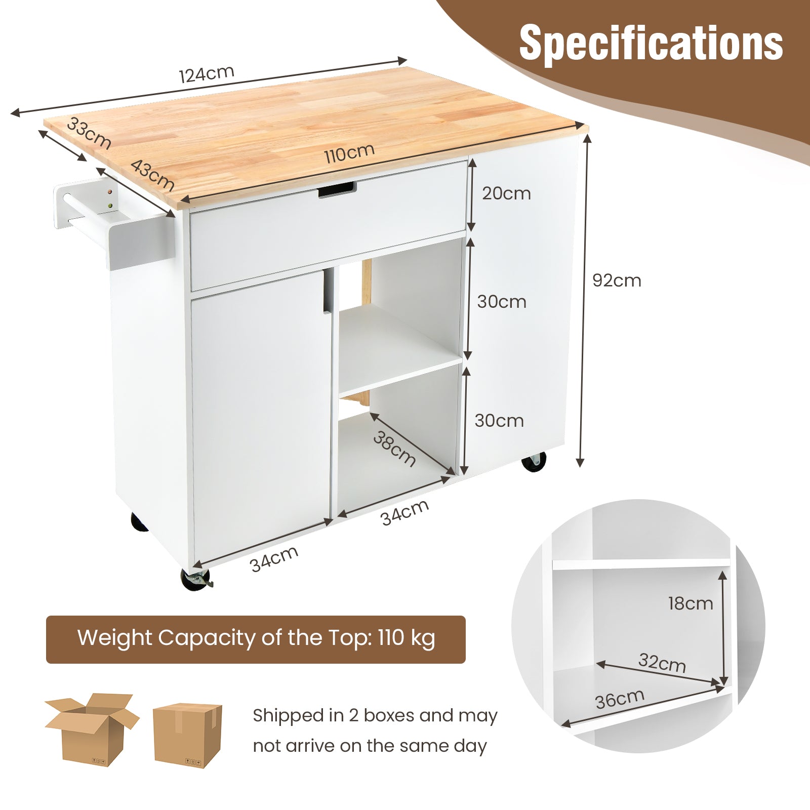Drop-Leaf Rolling Kitchen Island with Rubber Wood Top