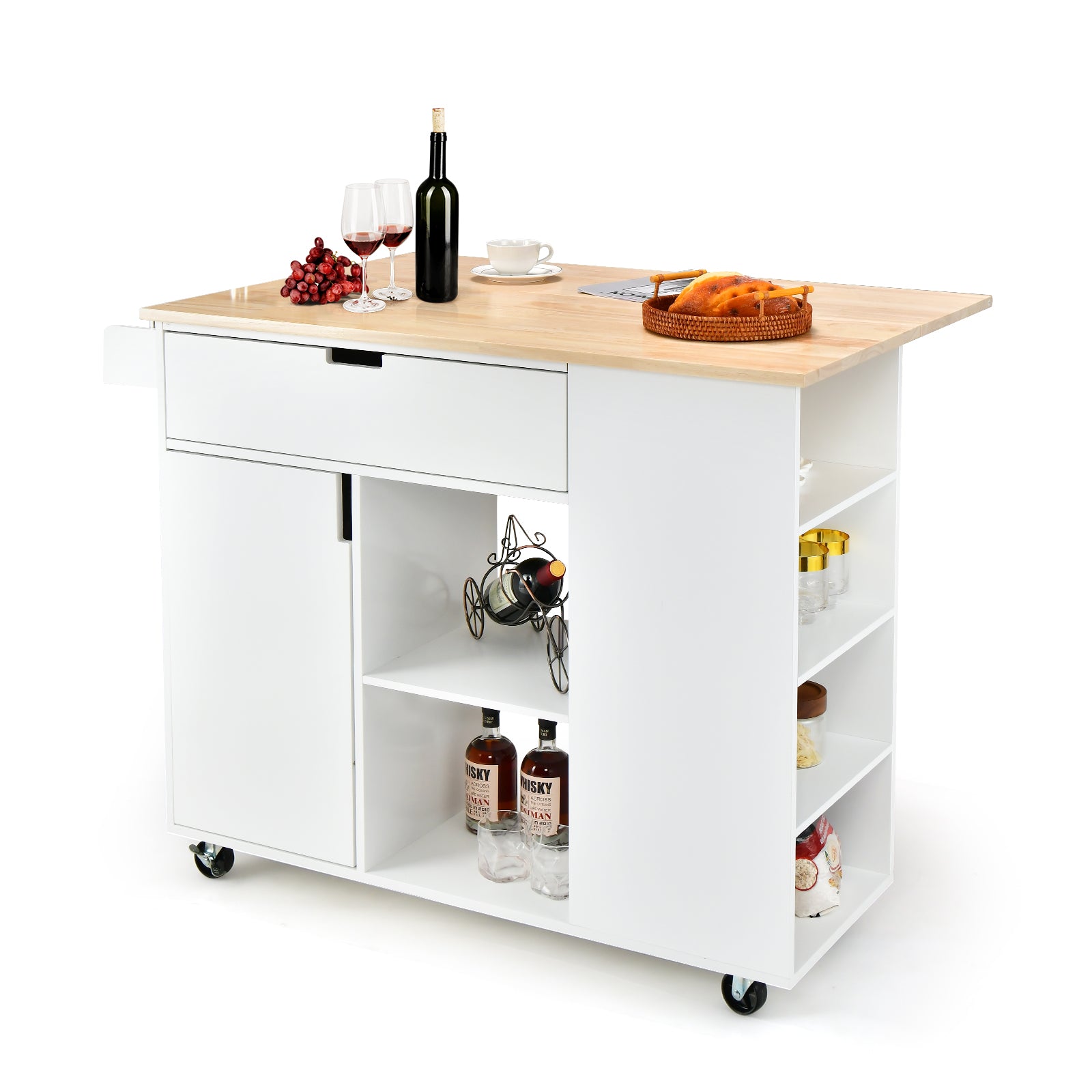 Drop-Leaf Rolling Kitchen Island with Rubber Wood Top