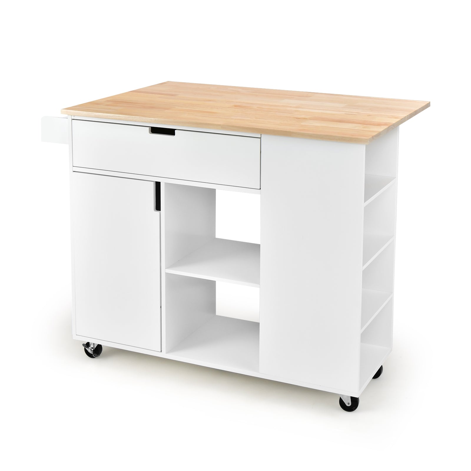 Drop-Leaf Rolling Kitchen Island with Rubber Wood Top