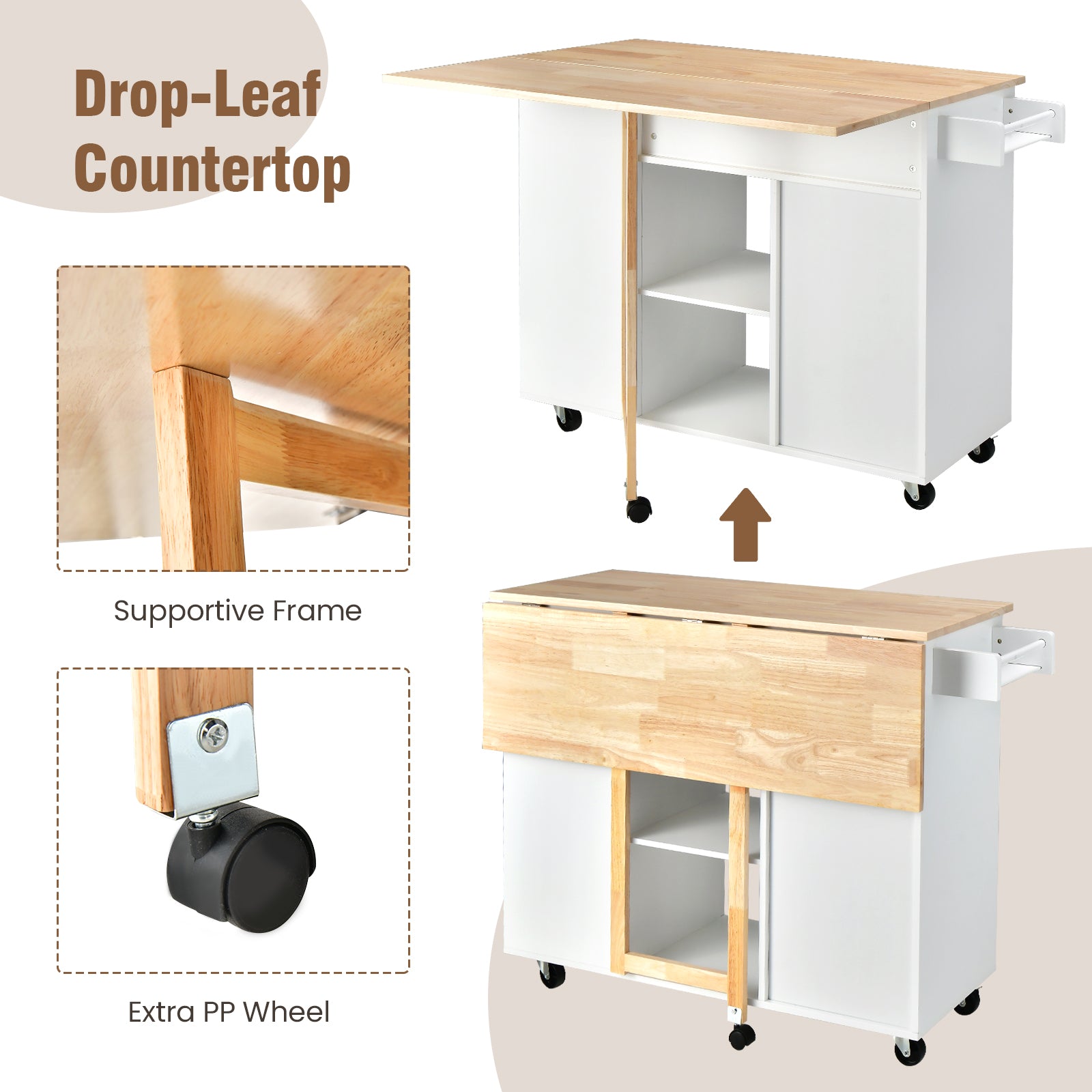 Drop-Leaf Rolling Kitchen Island with Rubber Wood Top