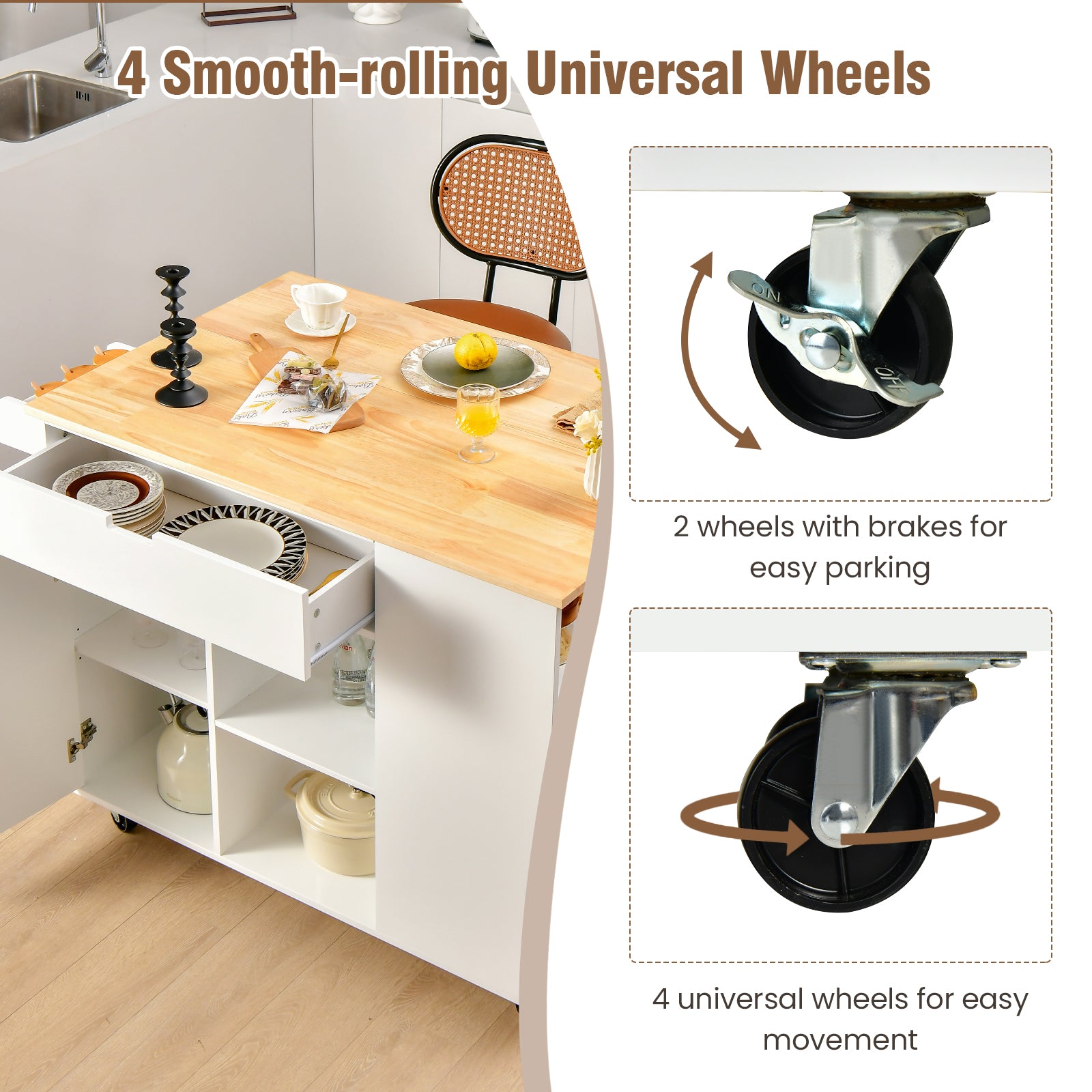 Drop-Leaf Rolling Kitchen Island with Rubber Wood Top