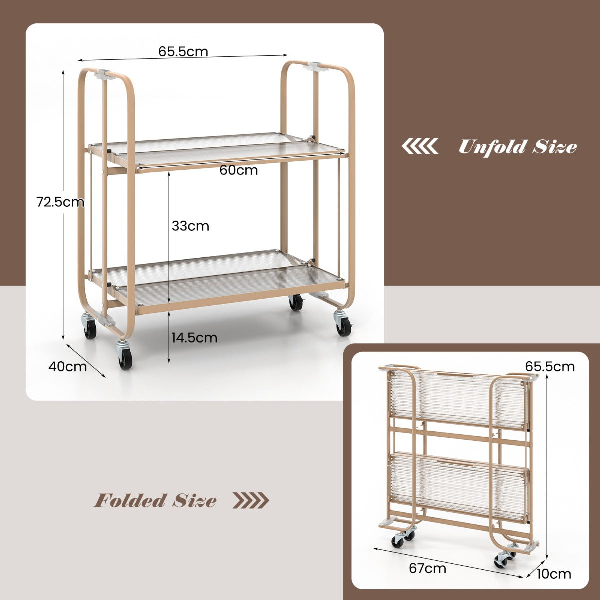 2-Tier Mobile Serving Cart with Tempered Glass Shelf