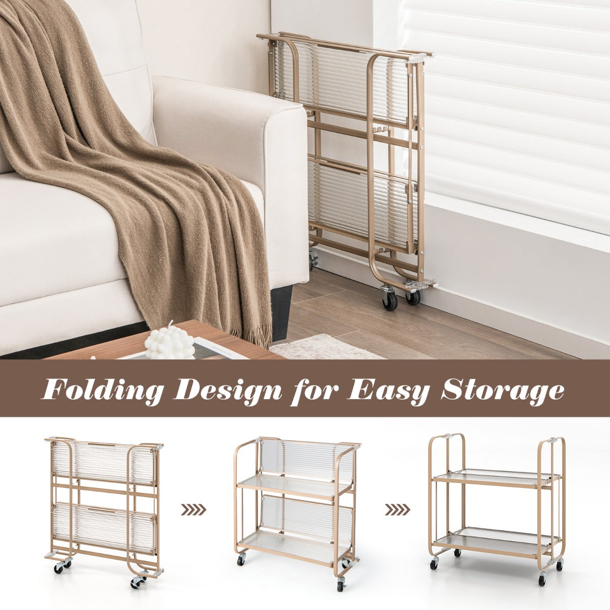 2-Tier Mobile Serving Cart with Tempered Glass Shelf