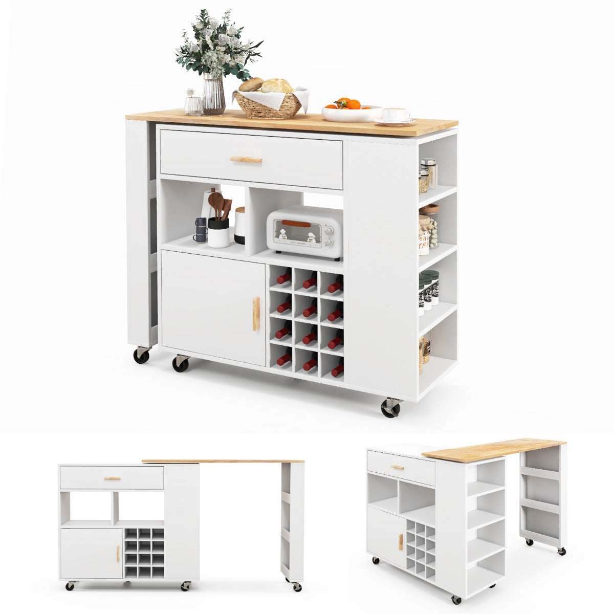 2-in-1 Reversible Mobile Kitchen Island with Rubber Wood Top and Adjustable Shelf for Dinning Room