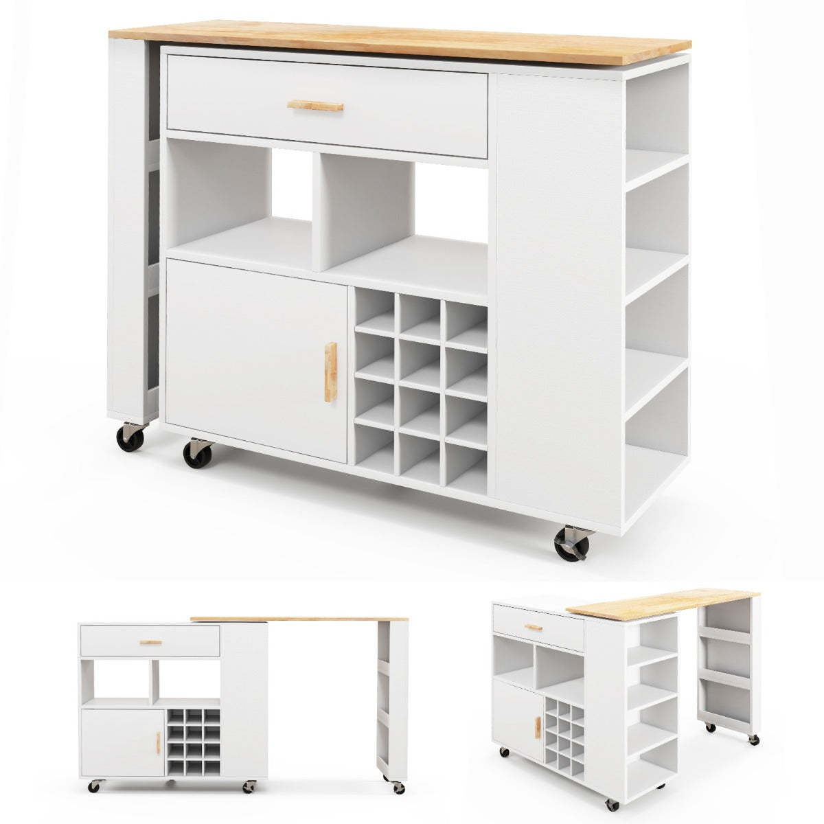 2-in-1 Reversible Mobile Kitchen Island with Rubber Wood Top and Adjustable Shelf for Dinning Room