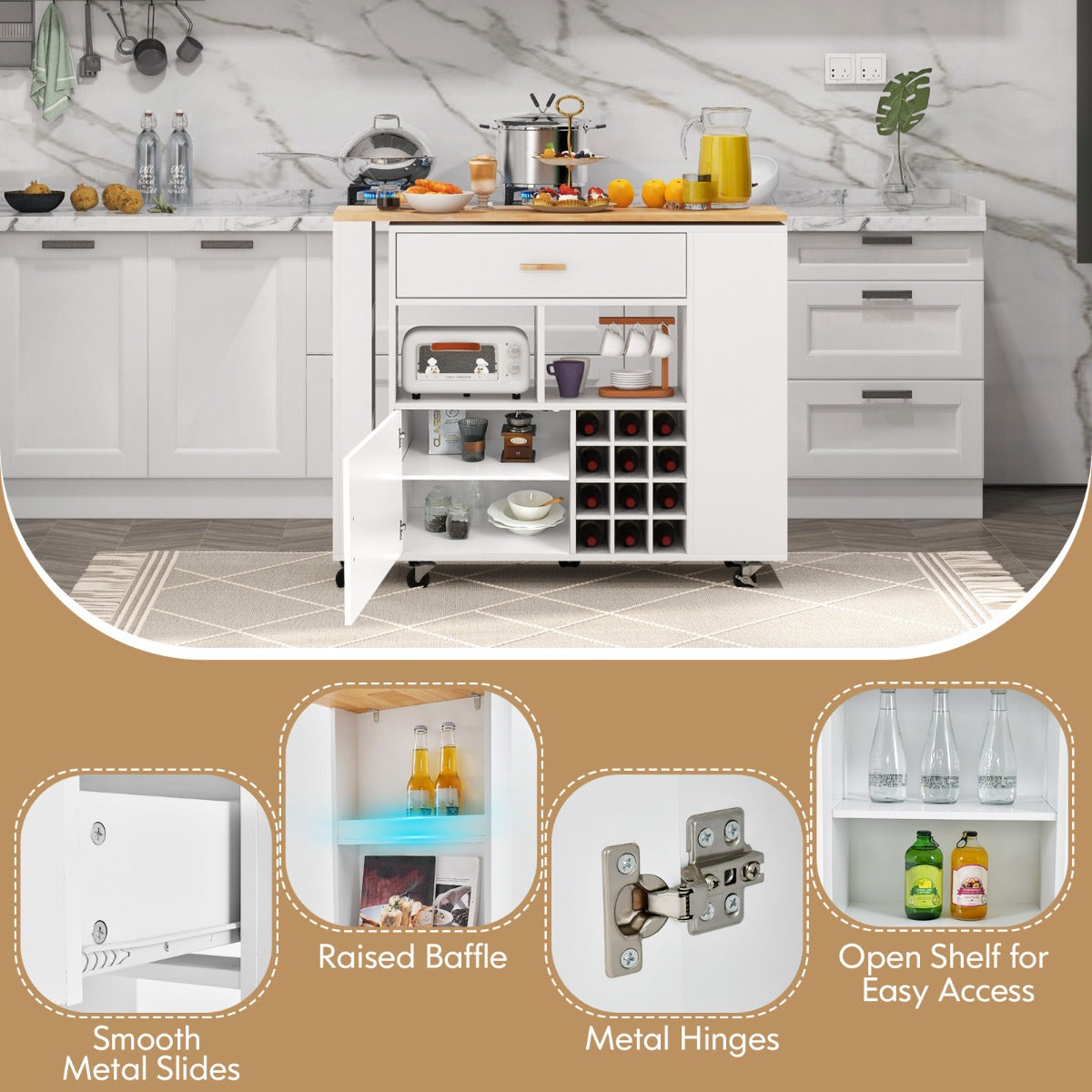 2-in-1 Reversible Mobile Kitchen Island with Rubber Wood Top and Adjustable Shelf for Dinning Room