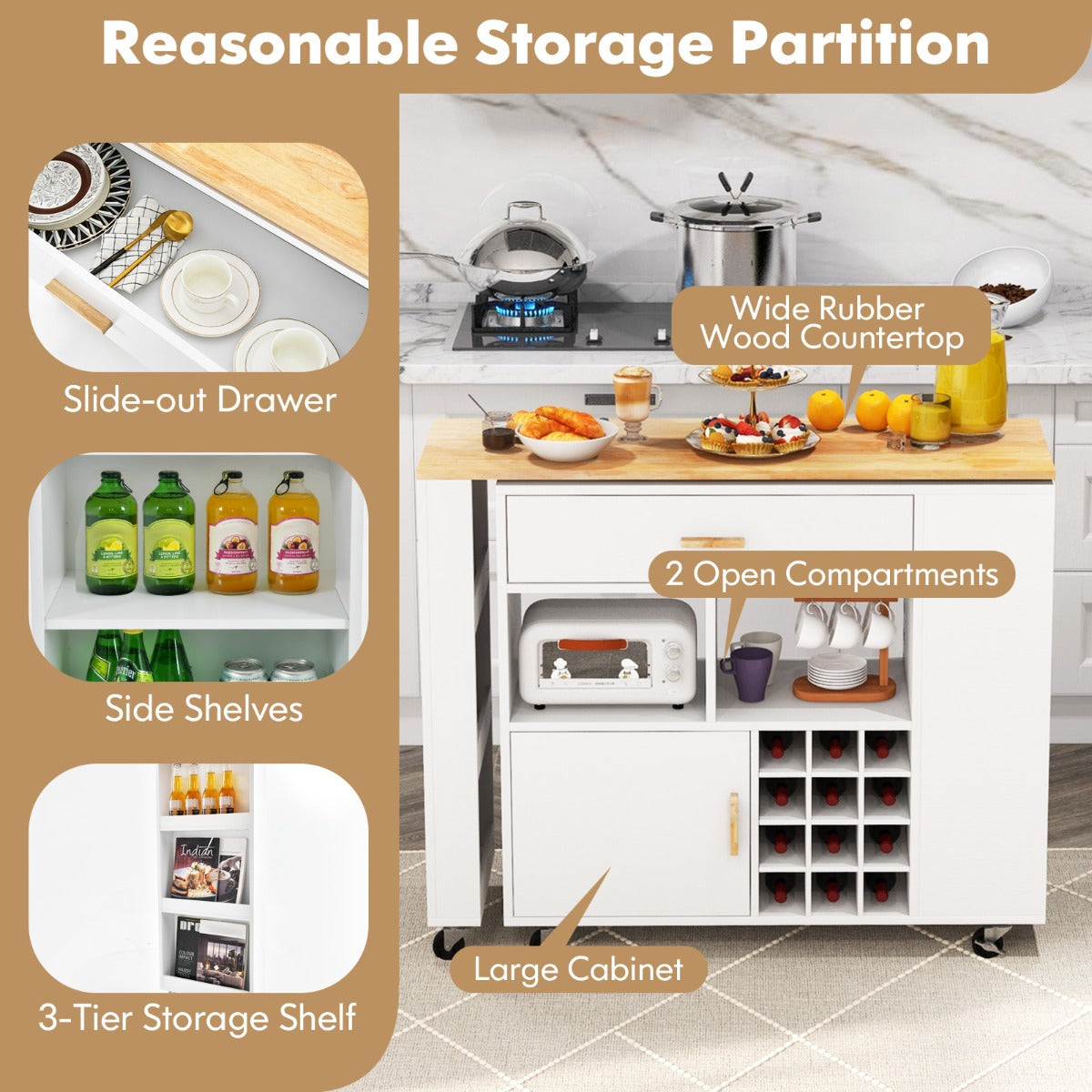 2-in-1 Reversible Mobile Kitchen Island with Rubber Wood Top and Adjustable Shelf for Dinning Room