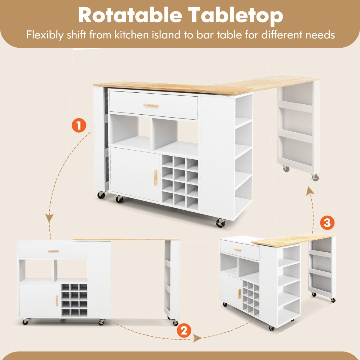 2-in-1 Reversible Mobile Kitchen Island with Rubber Wood Top and Adjustable Shelf for Dinning Room