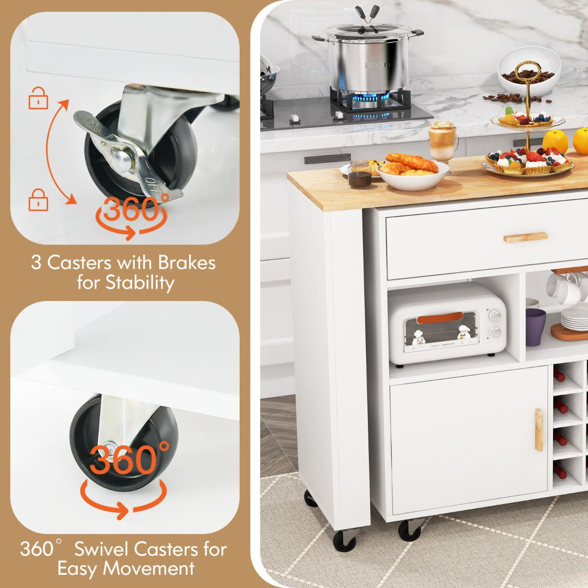 2-in-1 Reversible Mobile Kitchen Island with Rubber Wood Top and Adjustable Shelf for Dinning Room