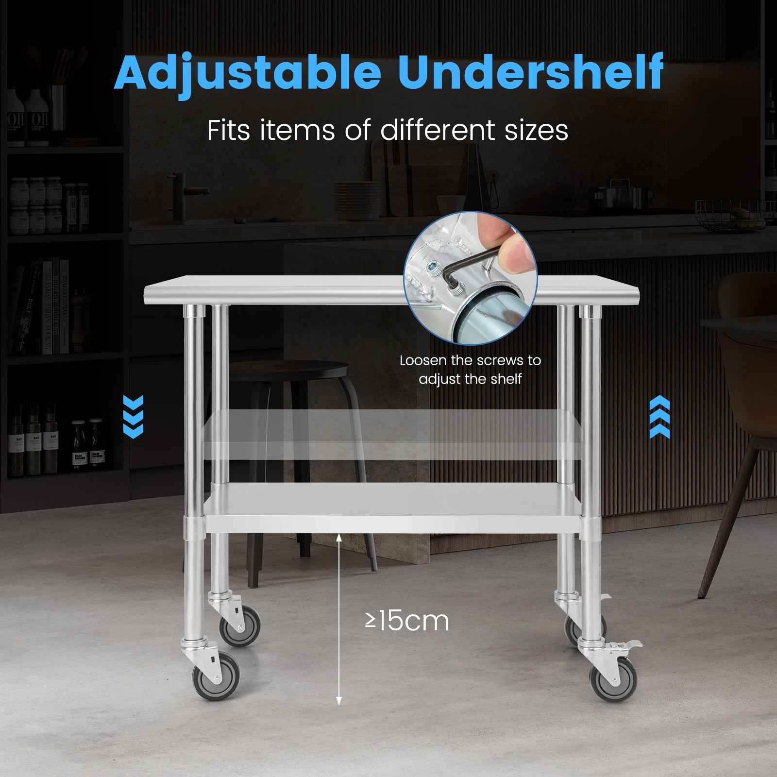 Stainless Steel Table Cart with 4 Universal Wheels for Kitchen