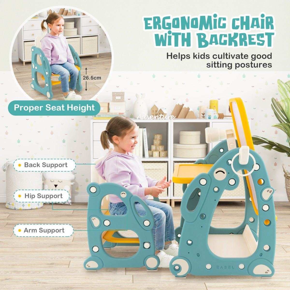 Kids Art Easel with Chair Kids Activity Table Set with Adjustable Whiteboard