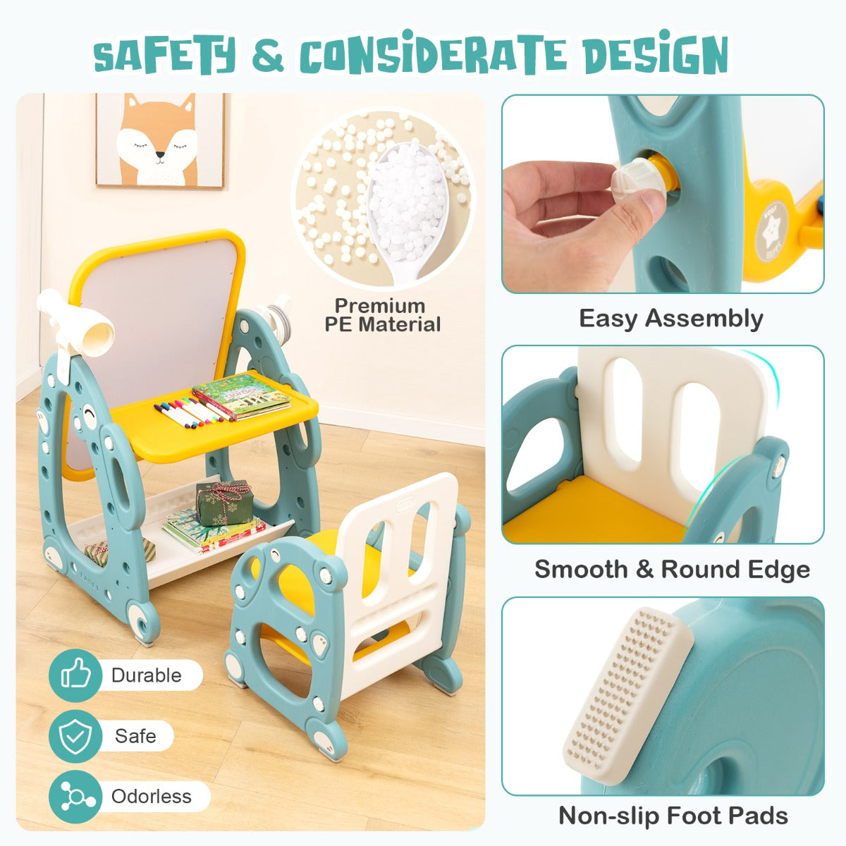Kids Art Easel with Chair Kids Activity Table Set with Adjustable Whiteboard