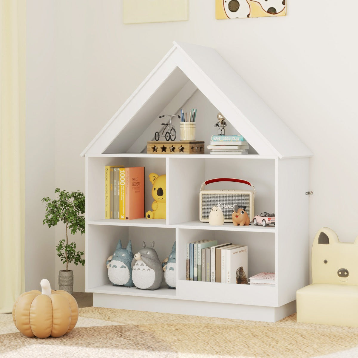 Kids Dollhouse Bookshelf 3-Tier House-Shaped Storage Organizer