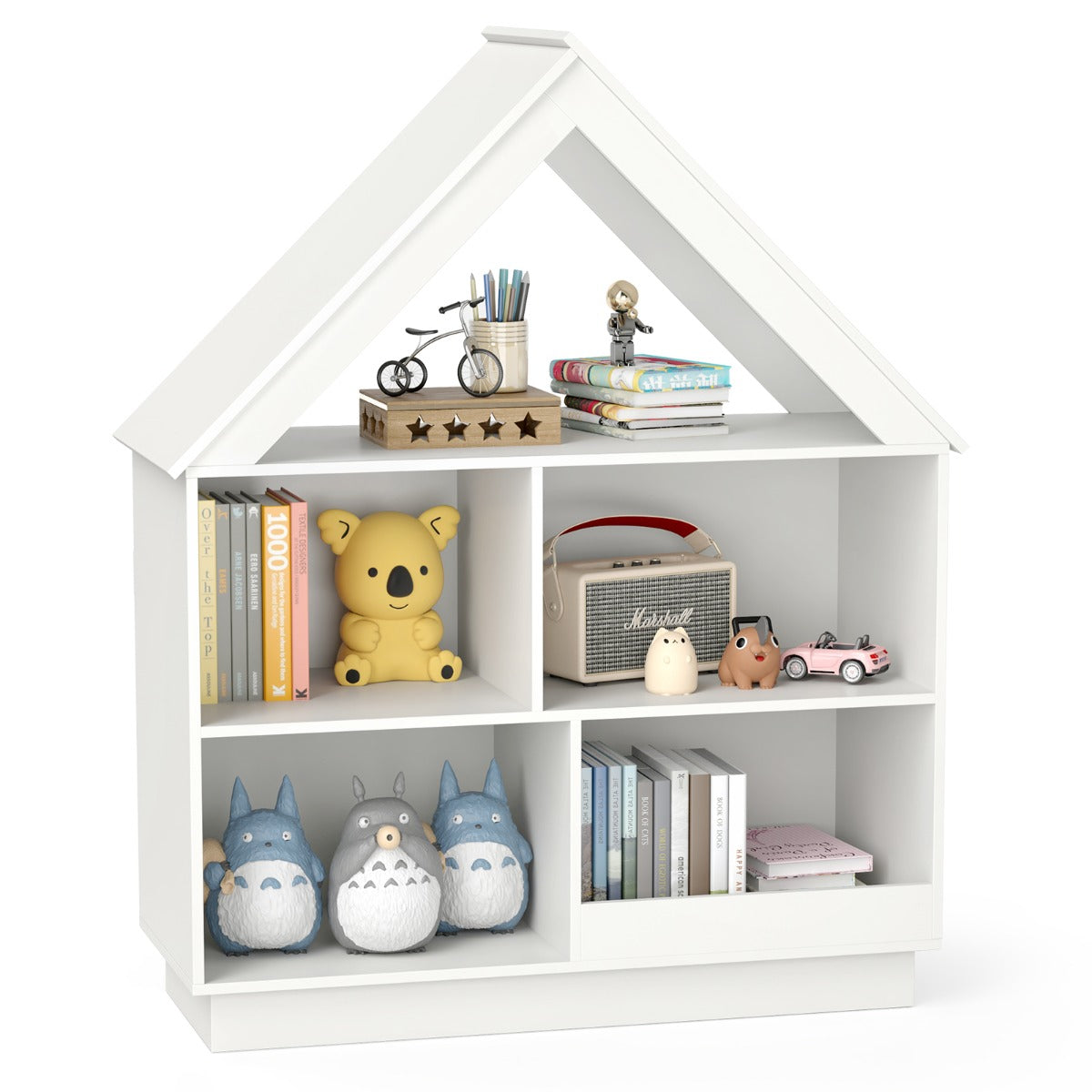 Kids Dollhouse Bookshelf 3-Tier House-Shaped Storage Organizer