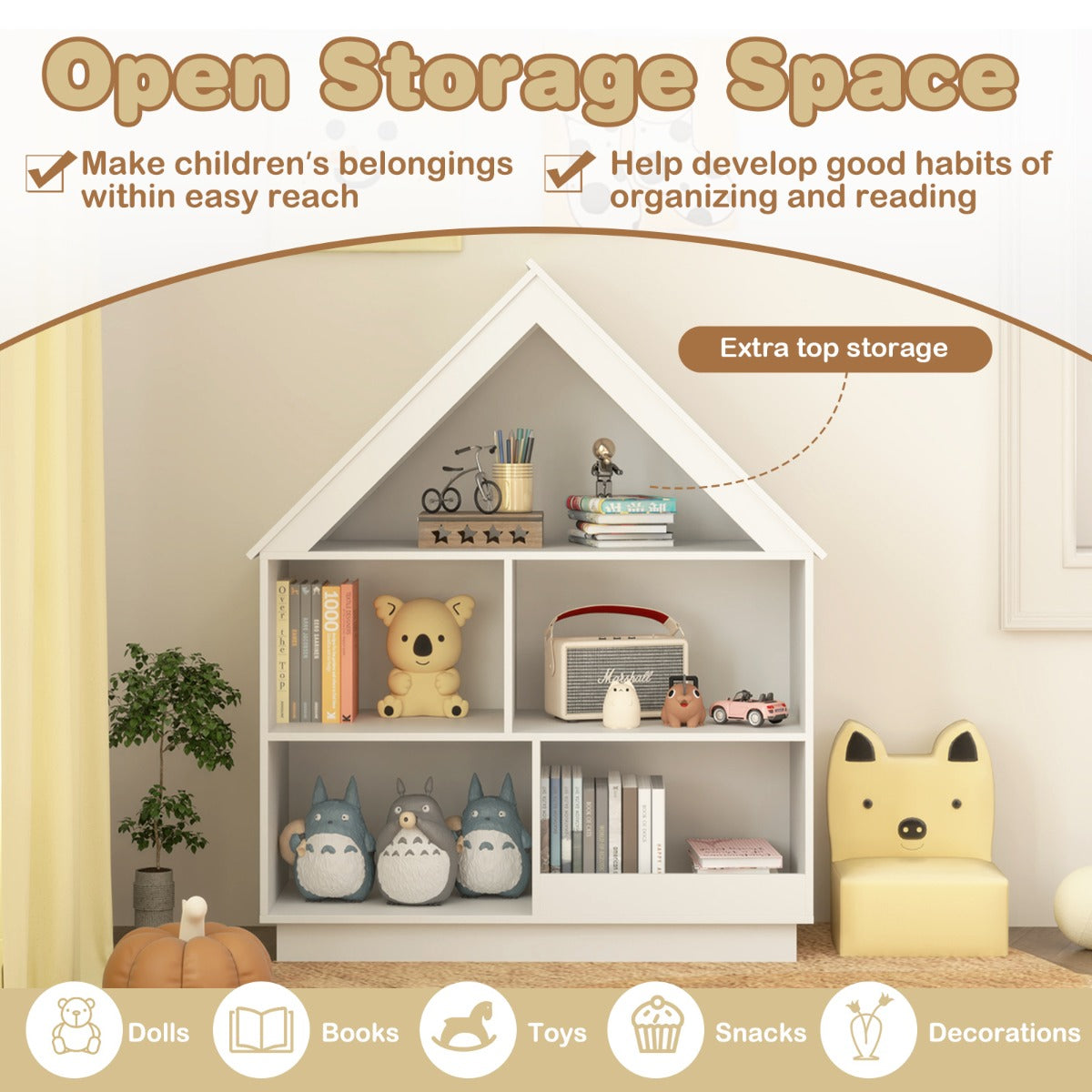 Kids Dollhouse Bookshelf 3-Tier House-Shaped Storage Organizer