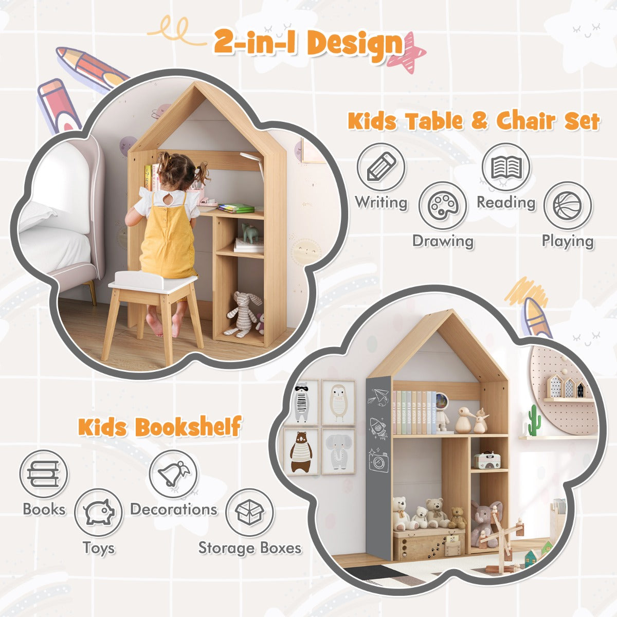 Kids House-Shaped Table and Chair Set with Storage & Blackboard