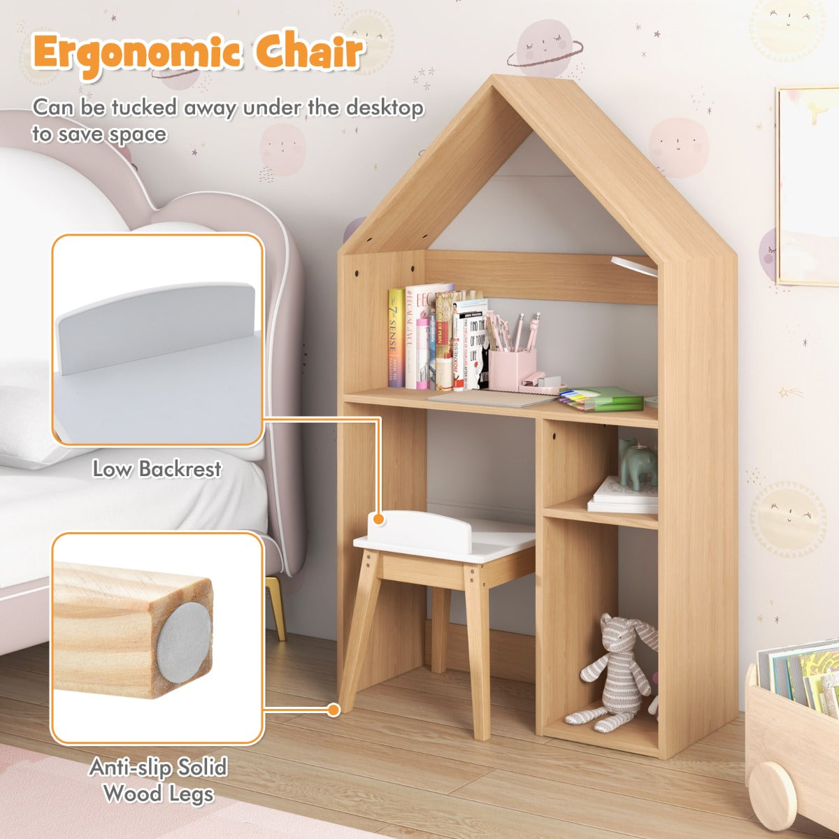 Kids House-Shaped Table and Chair Set with Storage & Blackboard