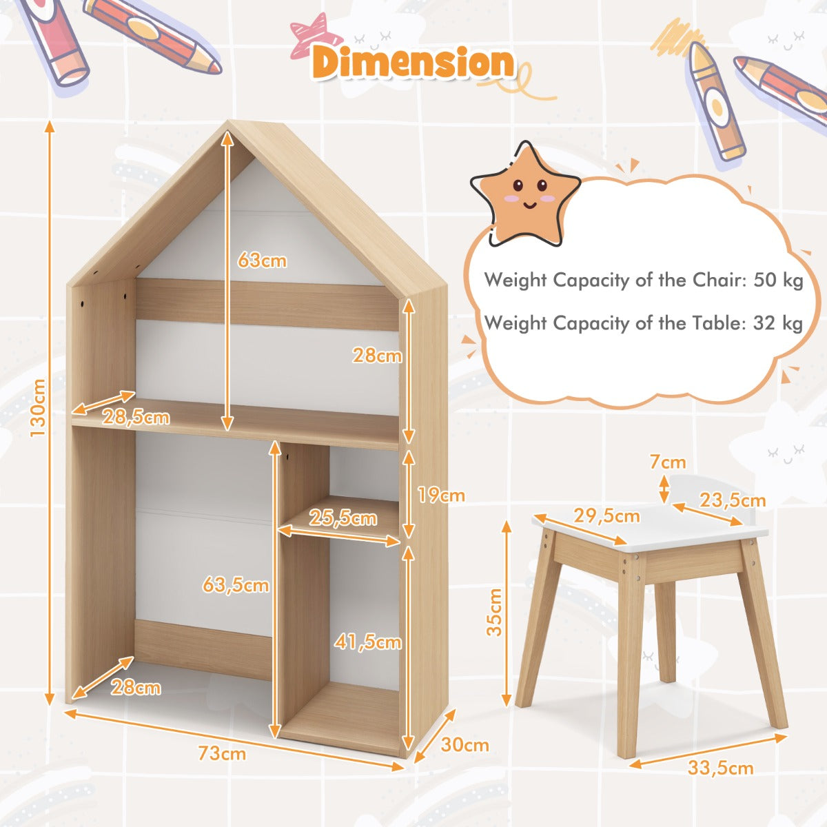 Kids House-Shaped Table and Chair Set with Storage & Blackboard