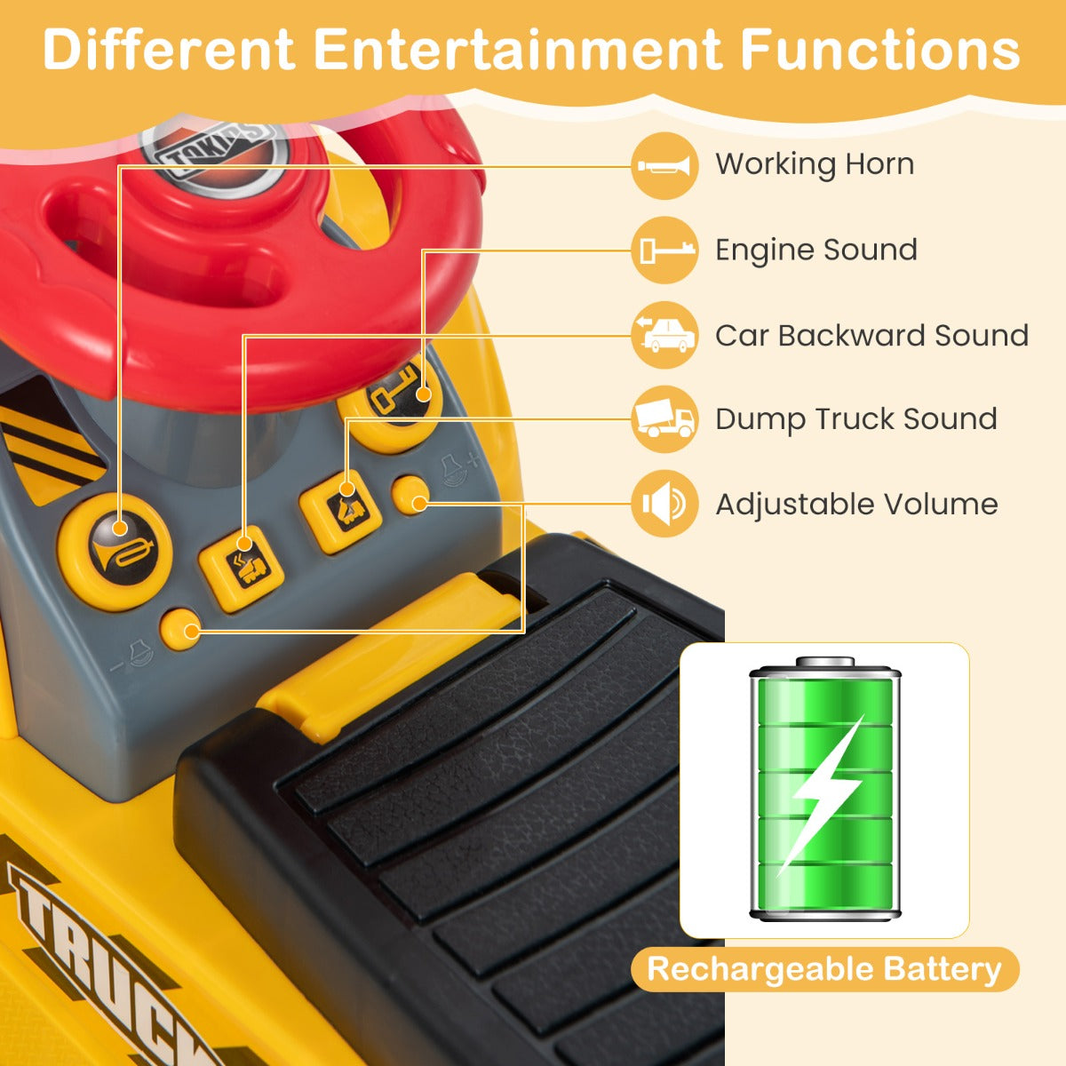 Kids Ride On Excavator Toy with Storage Horn and Sound Effects