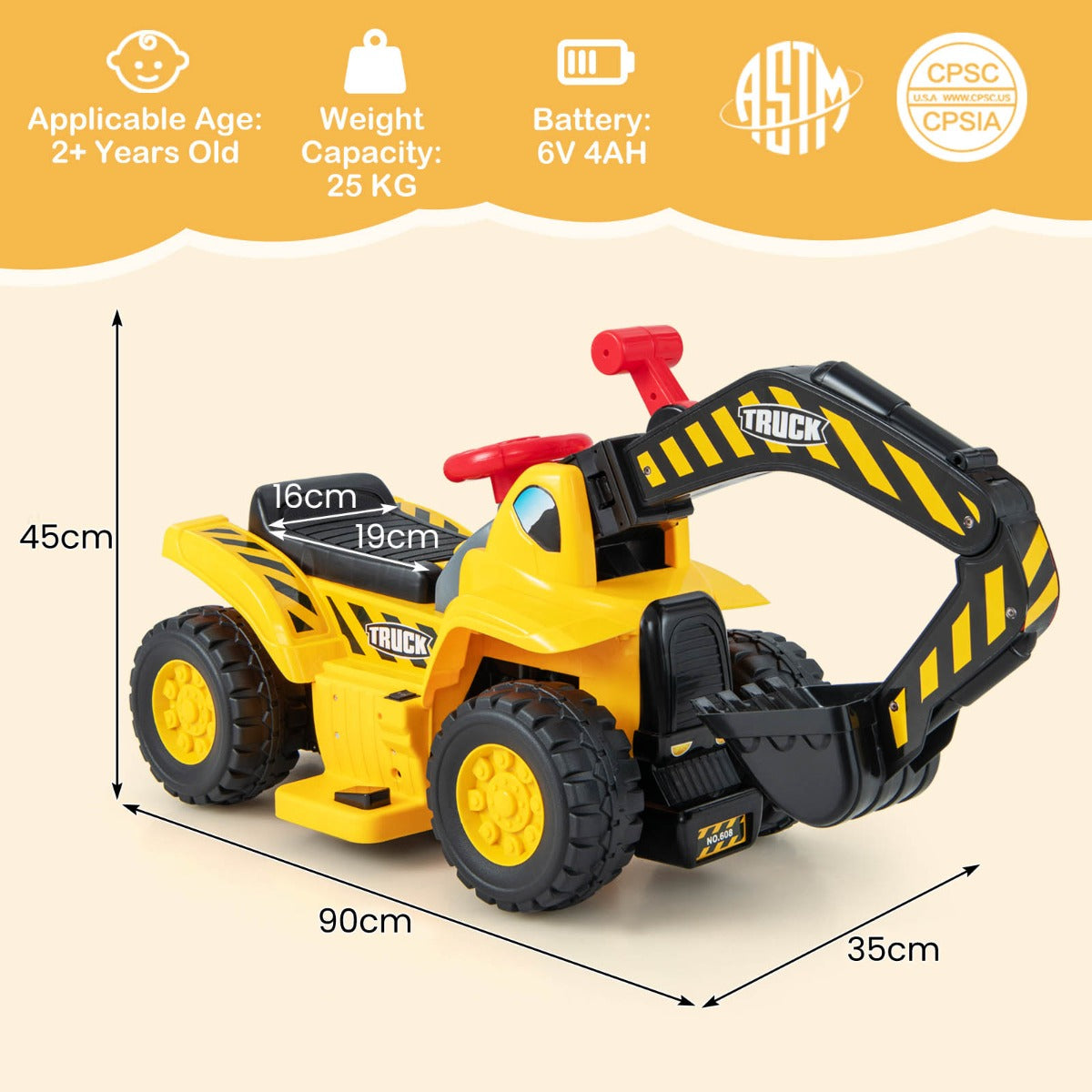 Kids Ride On Excavator Toy with Storage Horn and Sound Effects