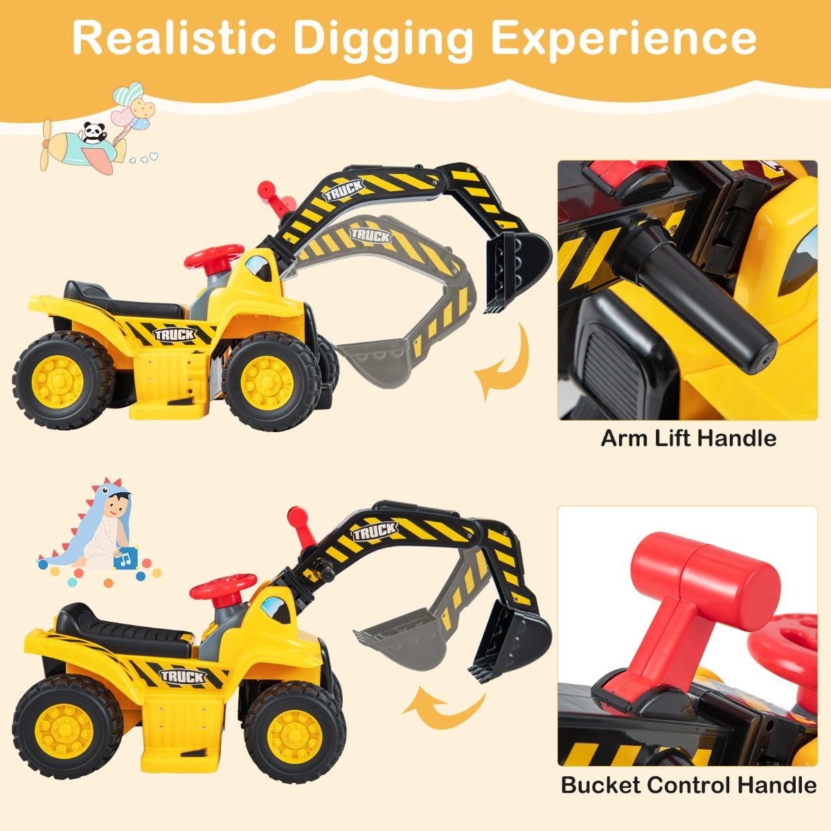 Kids Ride On Excavator Toy with Storage Horn and Sound Effects
