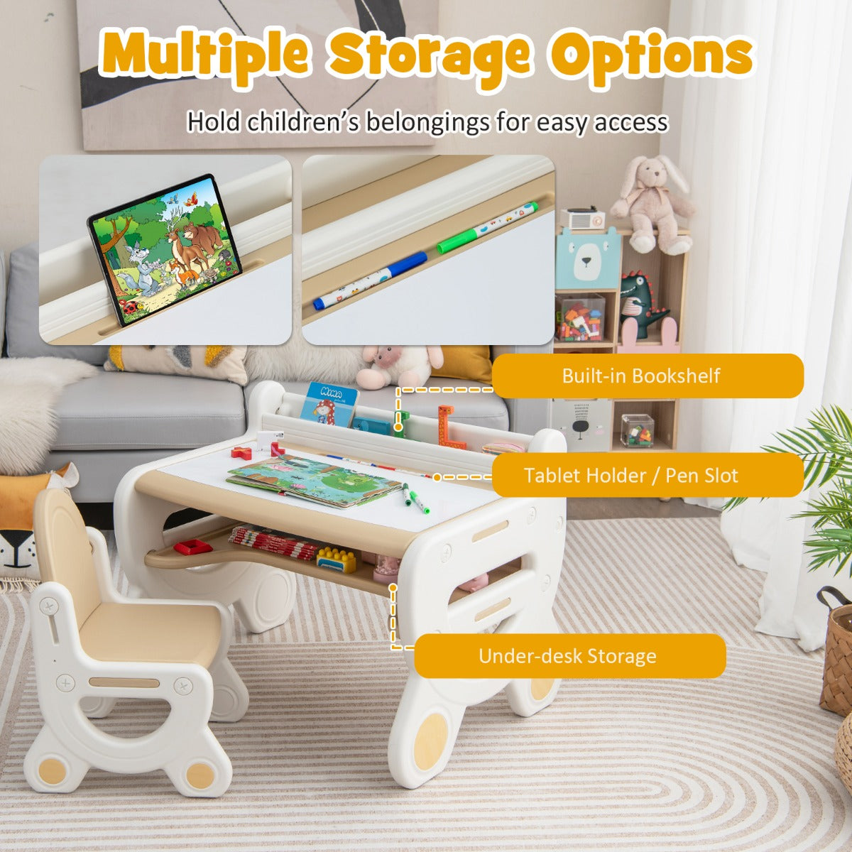 Kids Drawing Table and Chair Set with Graffiti Desktop Bookshelf
