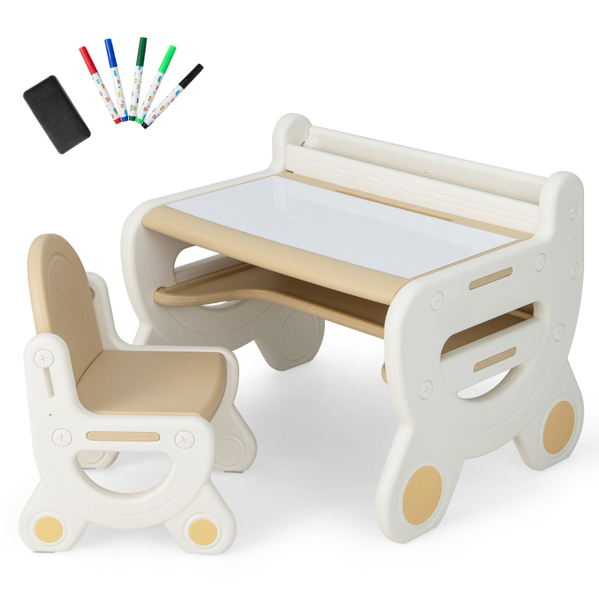 Kids Drawing Table and Chair Set with Graffiti Desktop Bookshelf