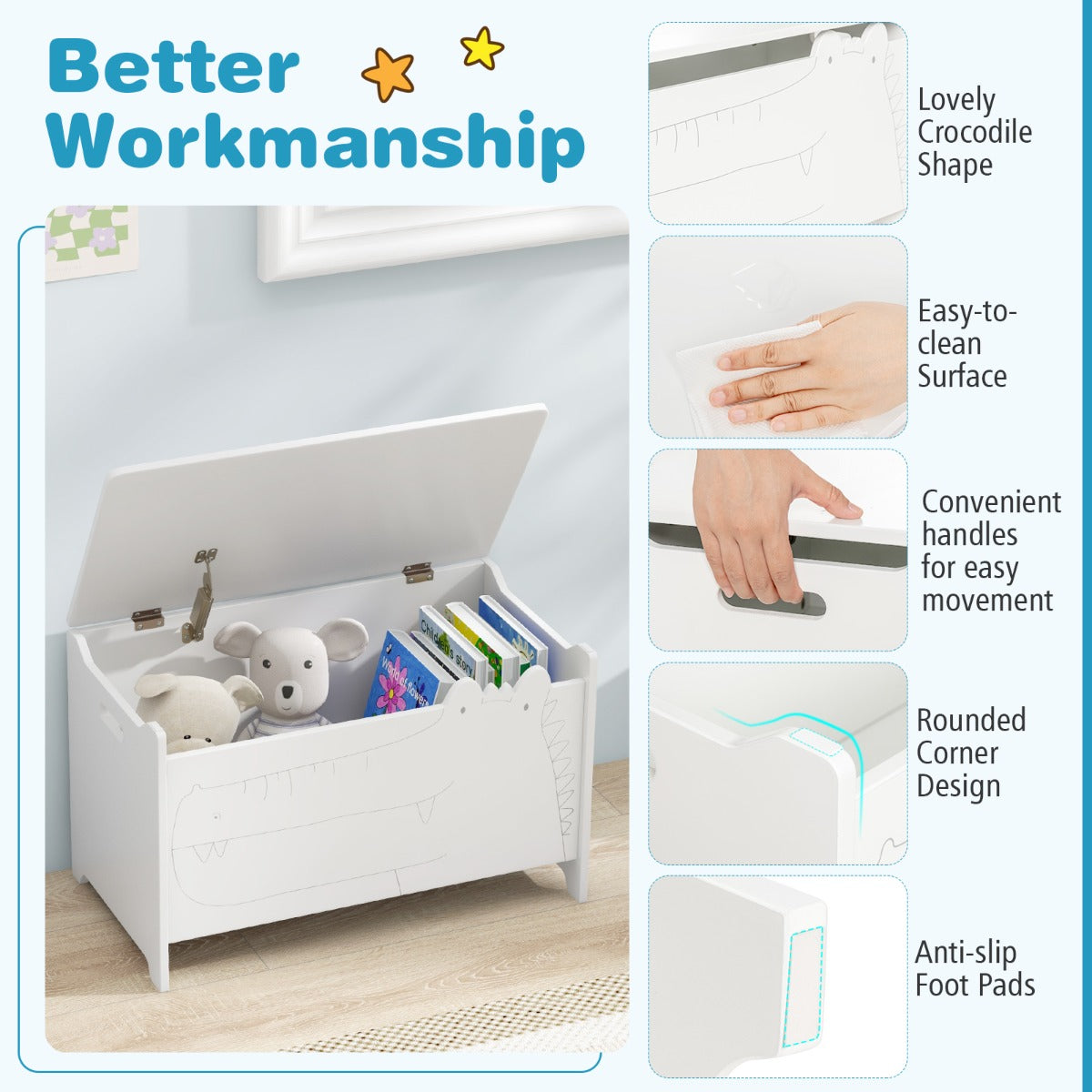 Kids Toy Box with Safety Hinge Wood Storage Chest Flip-Top Storage Organizer