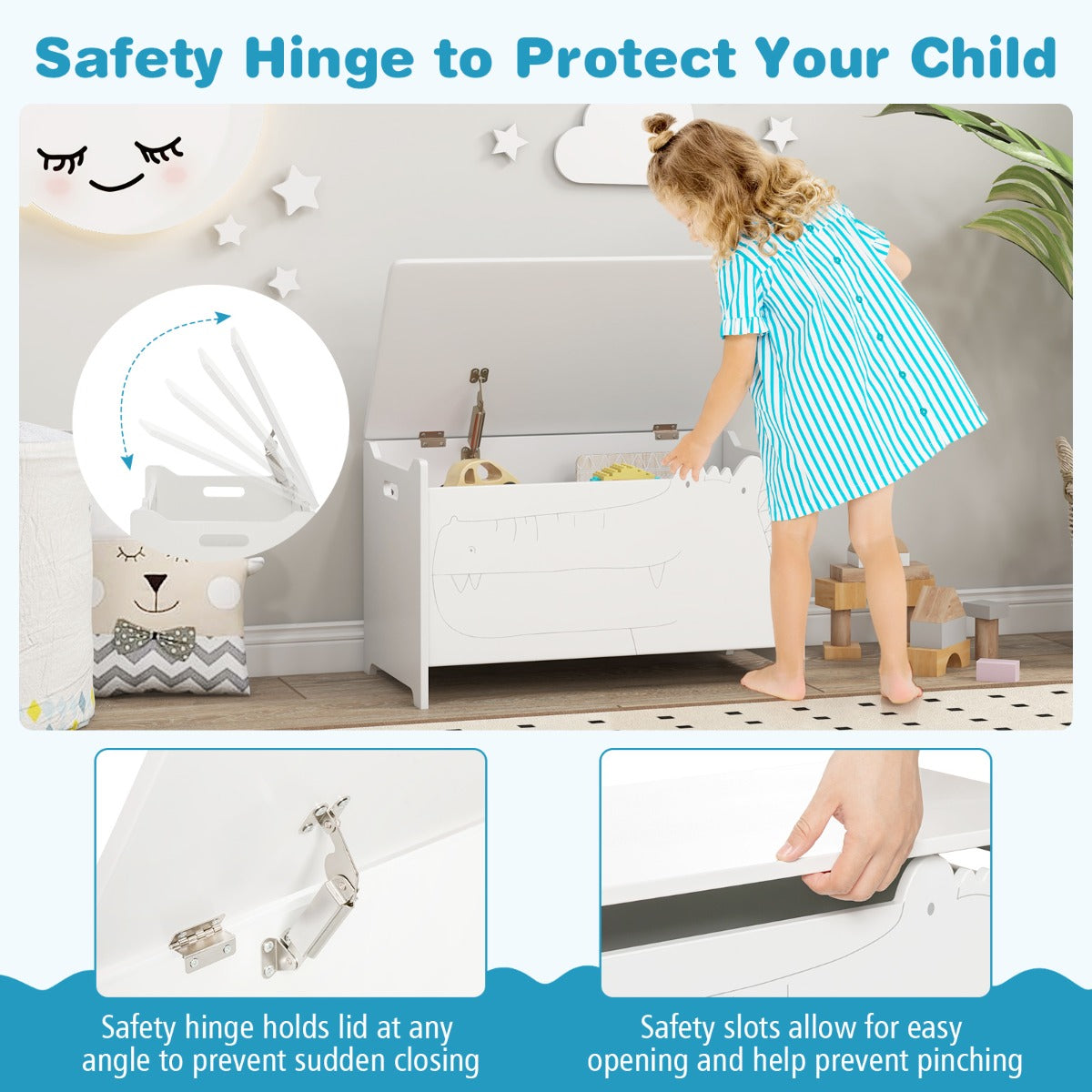 Kids Toy Box with Safety Hinge Wood Storage Chest Flip-Top Storage Organizer