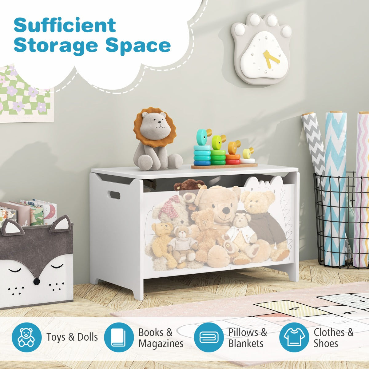 Kids Toy Box with Safety Hinge Wood Storage Chest Flip-Top Storage Organizer