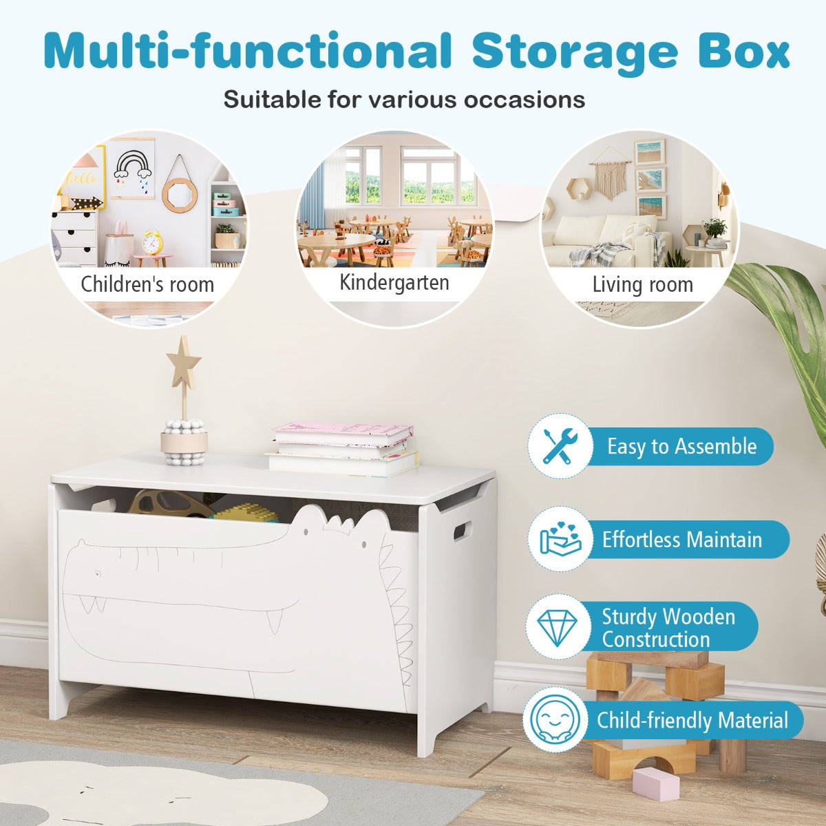 Kids Toy Box with Safety Hinge Wood Storage Chest Flip-Top Storage Organizer