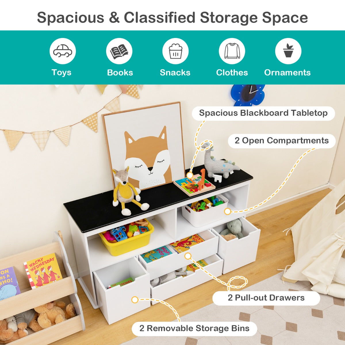 Storage Cabinet Display Shelf with Blackboard Top for Kids Room