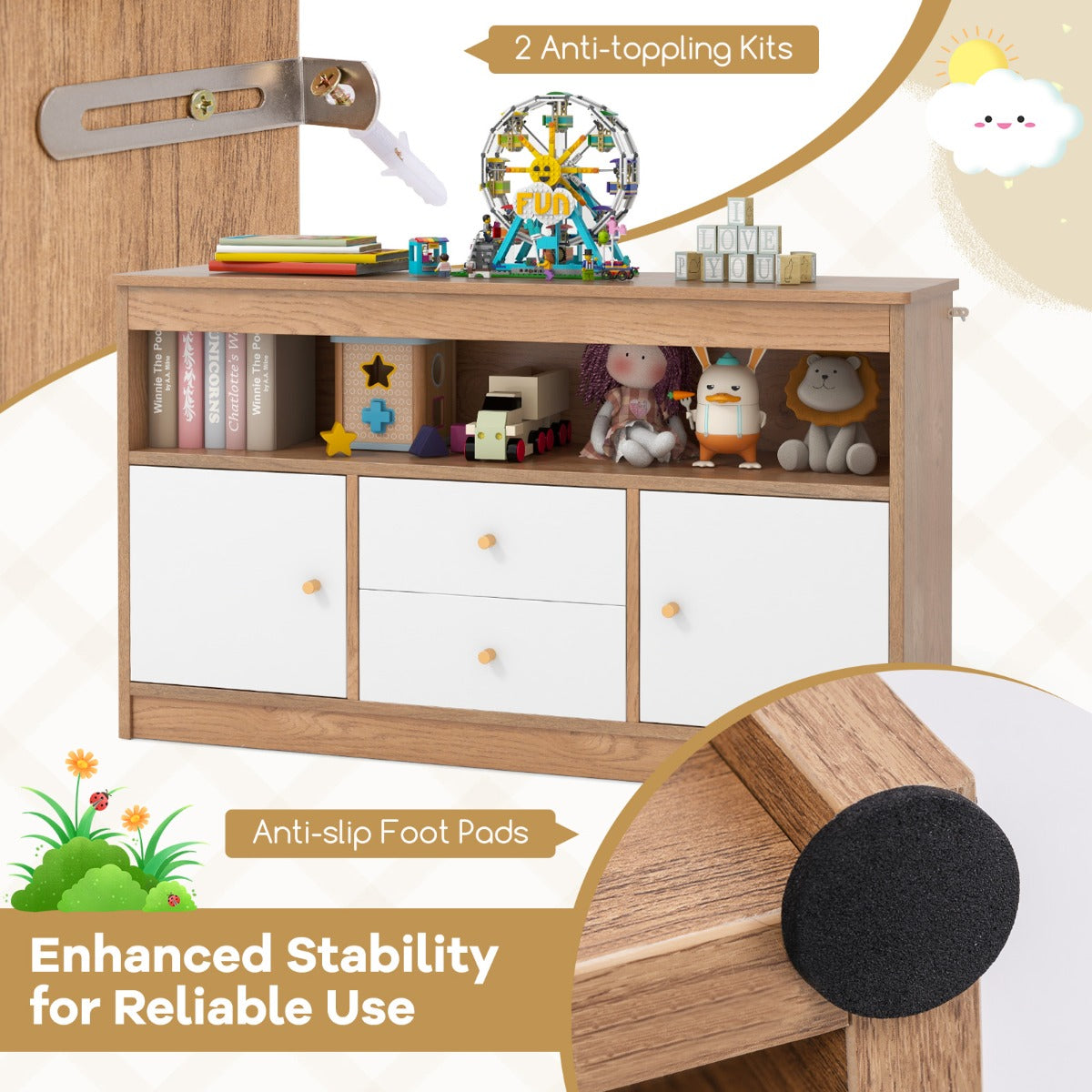 Kids Toy Storage Organizer with 2 Drawers and 2 Closed Cabinets