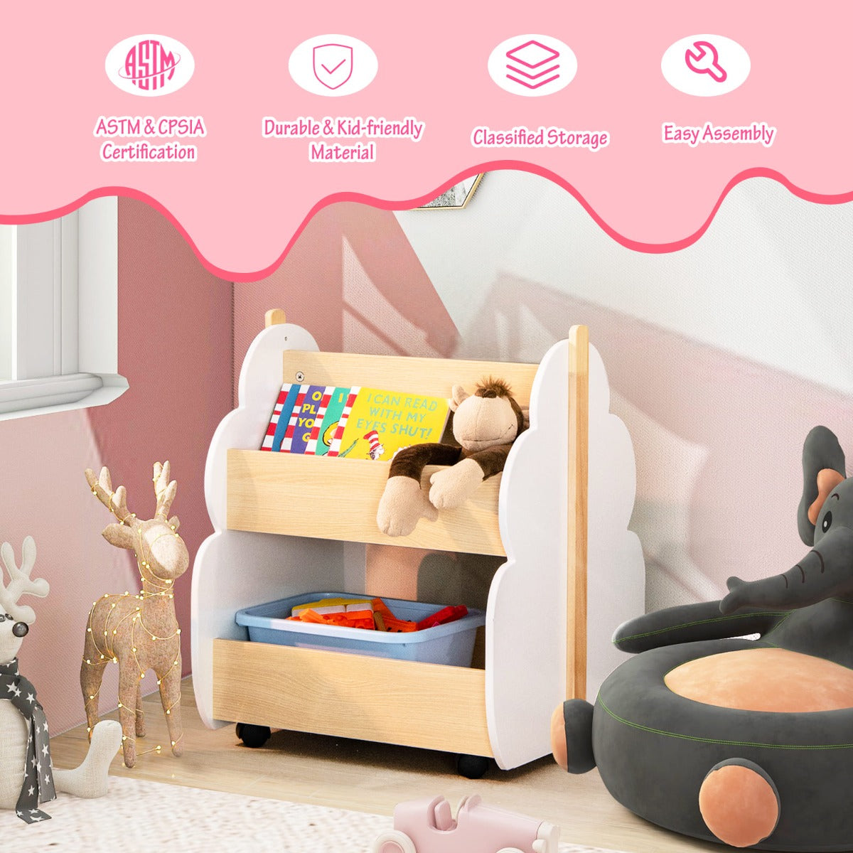 Kids Wooden Bookshelf with Universal Wheels and 2-Tier Storage Shelf