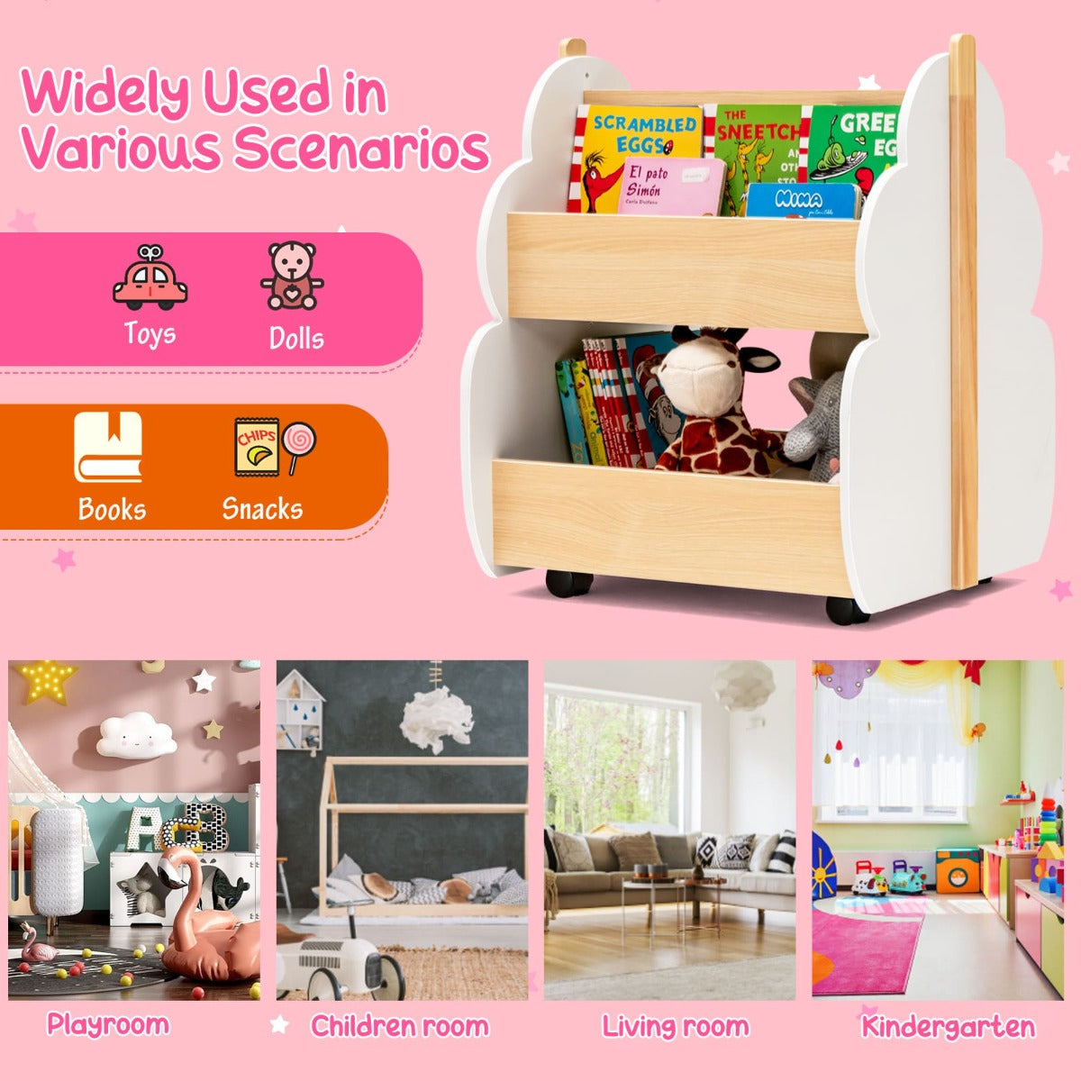 Kids Wooden Bookshelf with Universal Wheels and 2-Tier Storage Shelf