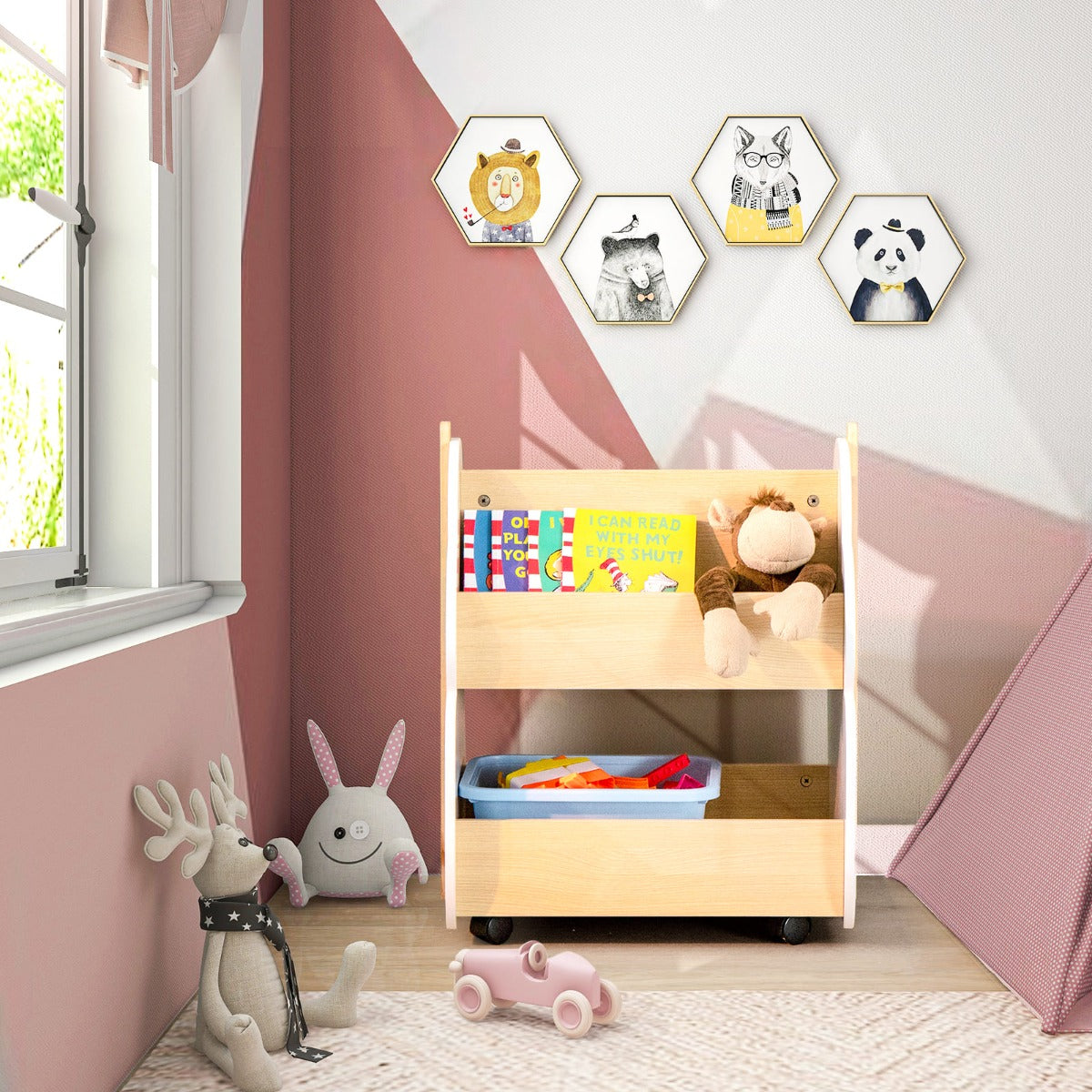 Kids Wooden Bookshelf with Universal Wheels and 2-Tier Storage Shelf