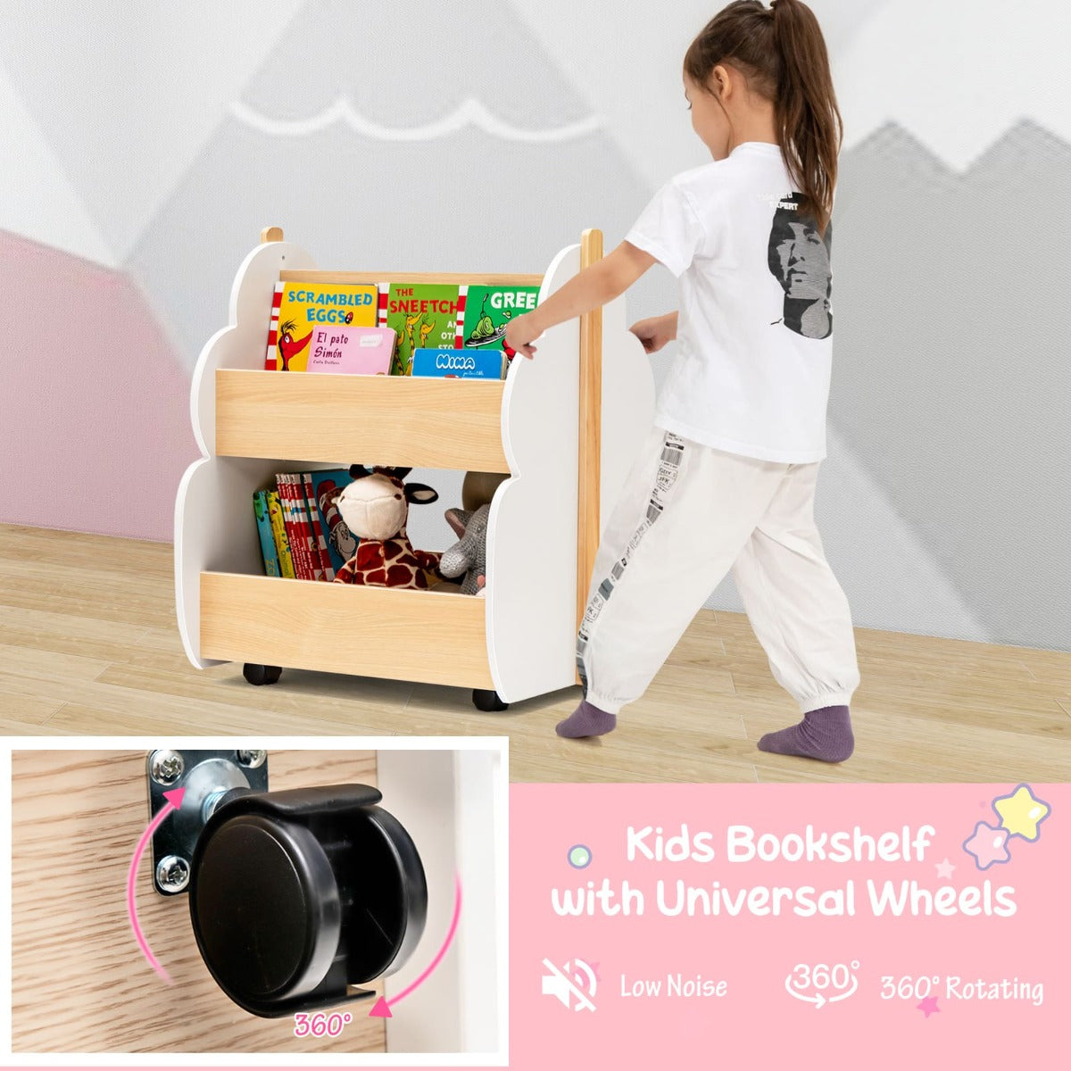 Kids Wooden Bookshelf with Universal Wheels and 2-Tier Storage Shelf