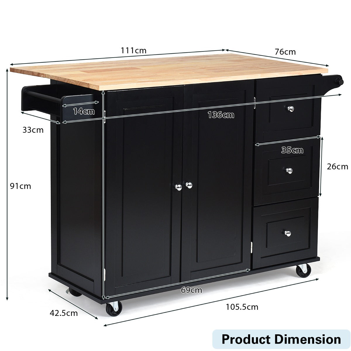 Kitchen Island Trolley with 3 Drawers and Adjustable Shelves
