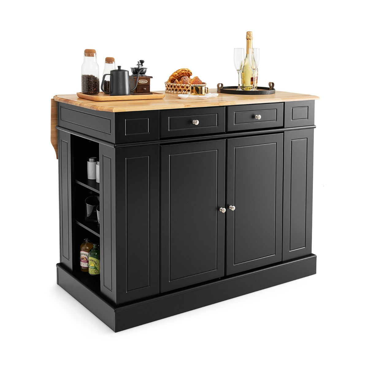 Kitchen Island with Drop Leaf Countertop and 3-Level Adjustable Shelves