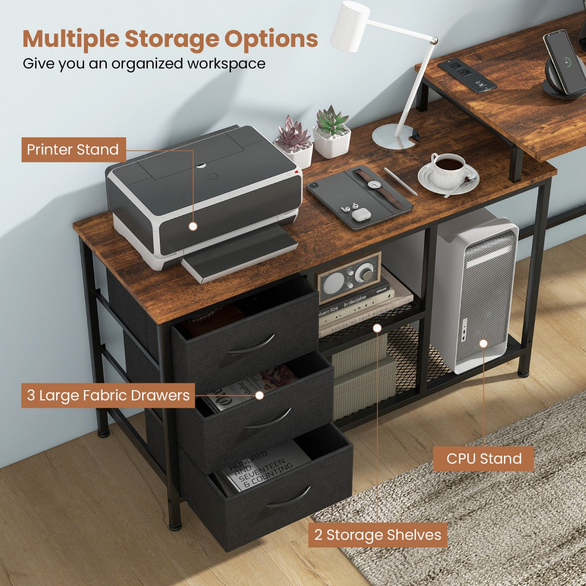 L-shaped Computer Desk with Power Outlet for Working