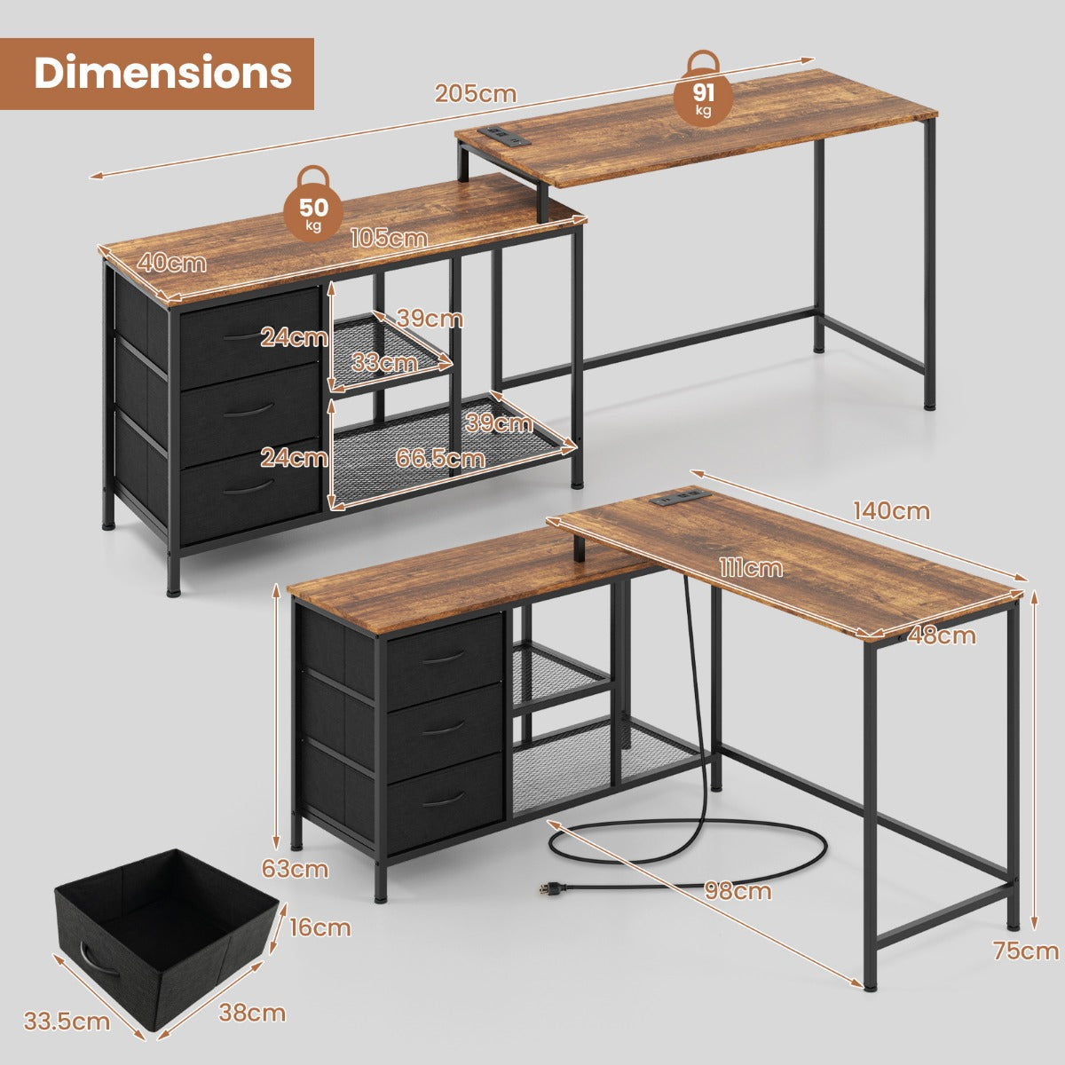 L-shaped Computer Desk with Power Outlet for Working
