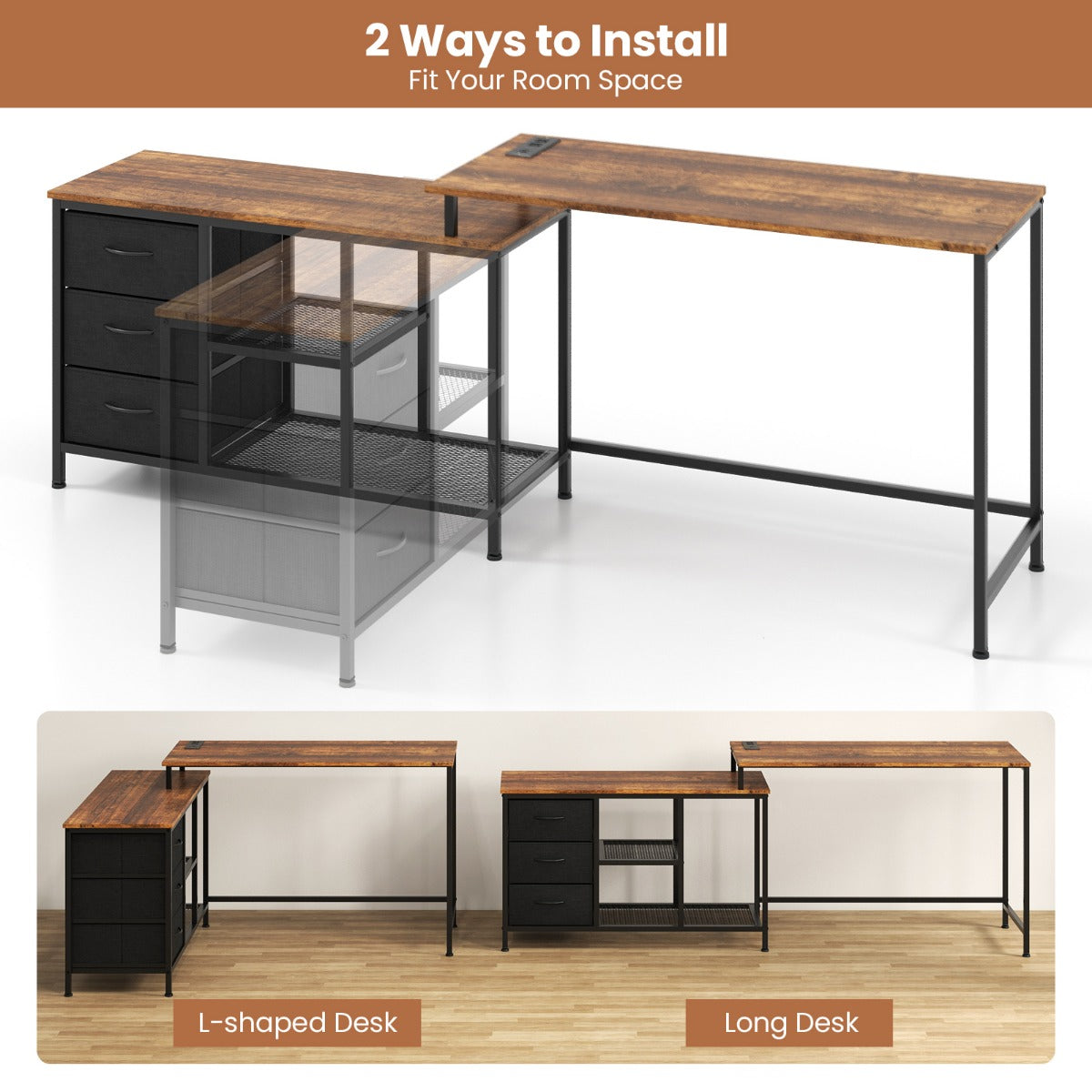 L-shaped Computer Desk with Power Outlet for Working
