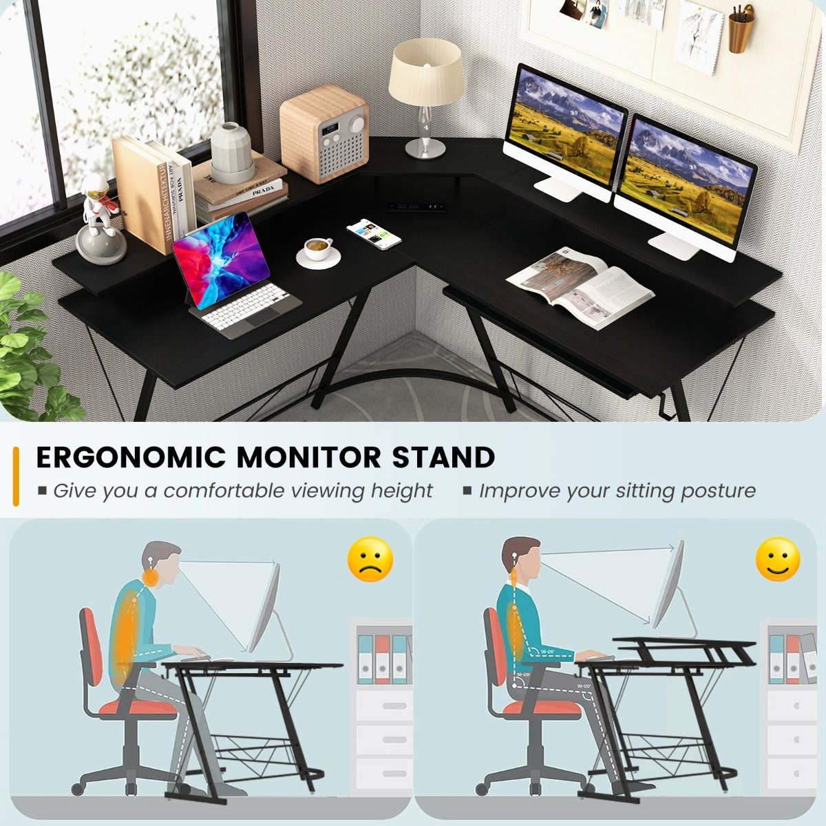 L-shaped Computer Desk with Power Outlet for Home Office