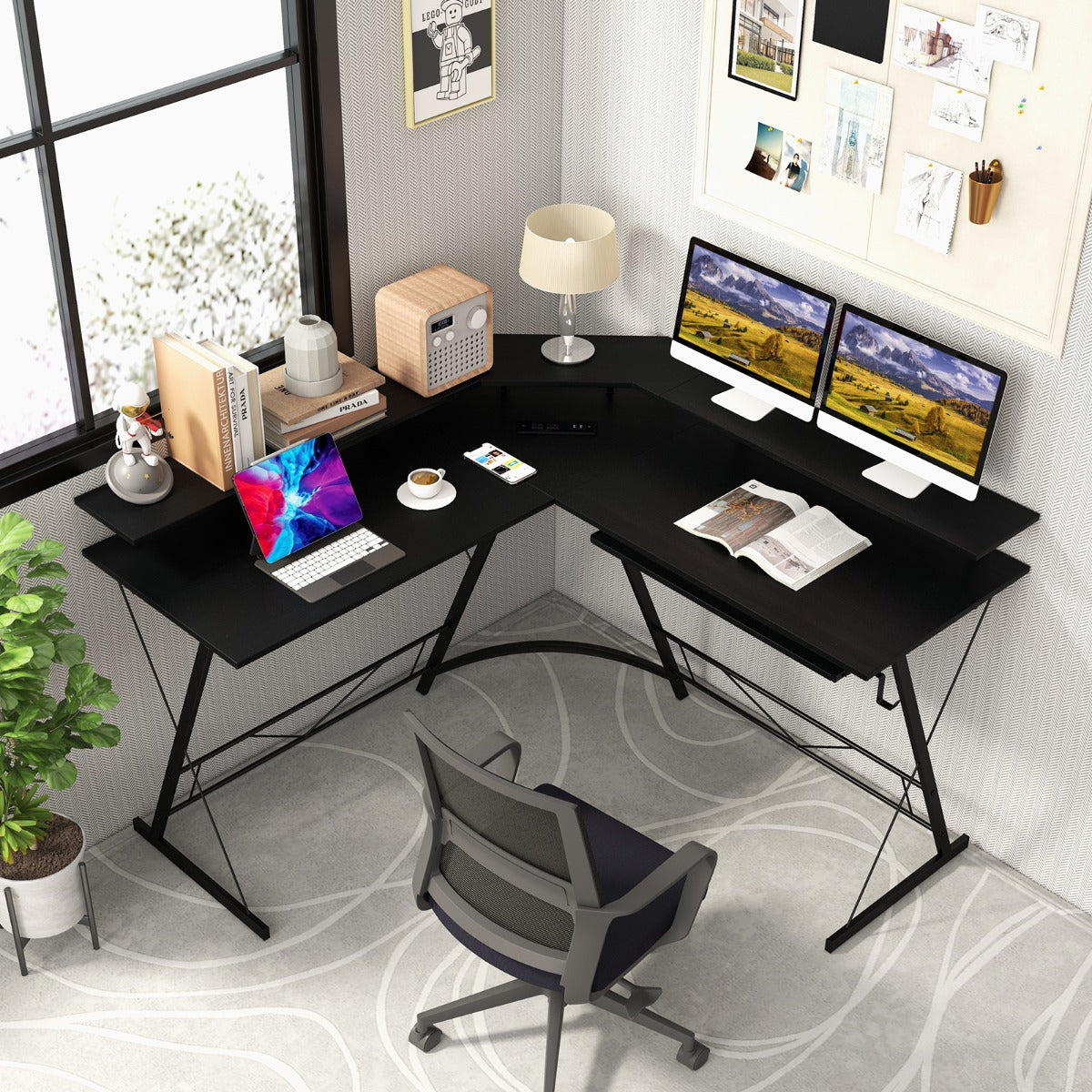 L-shaped Computer Desk with Power Outlet for Home Office