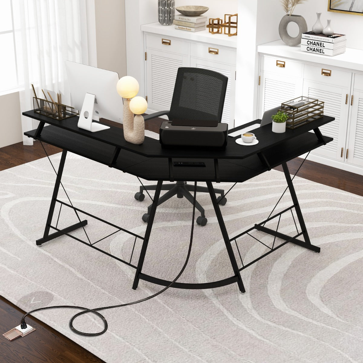 L-shaped Computer Desk with Power Outlet for Home Office