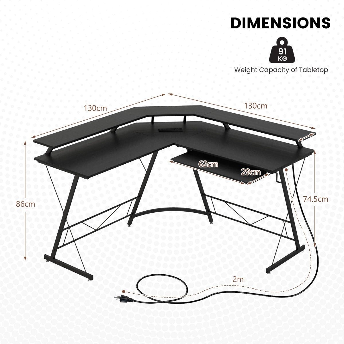 L-shaped Computer Desk with Power Outlet for Home Office
