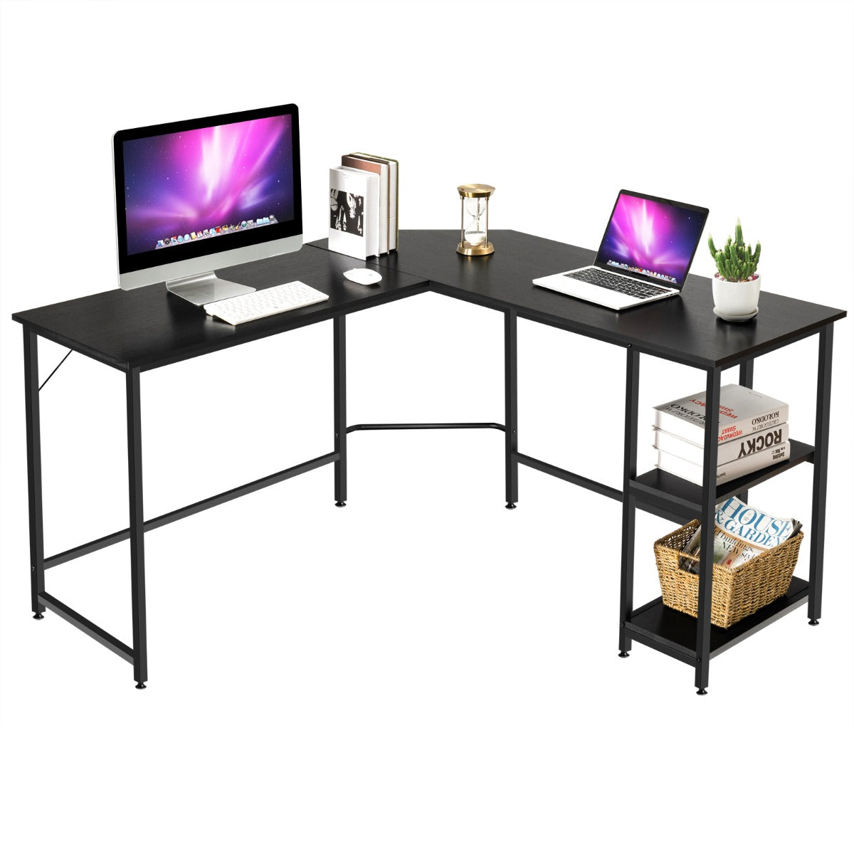 L-Shaped Desk with 2-Tier Storage Shelf for Home