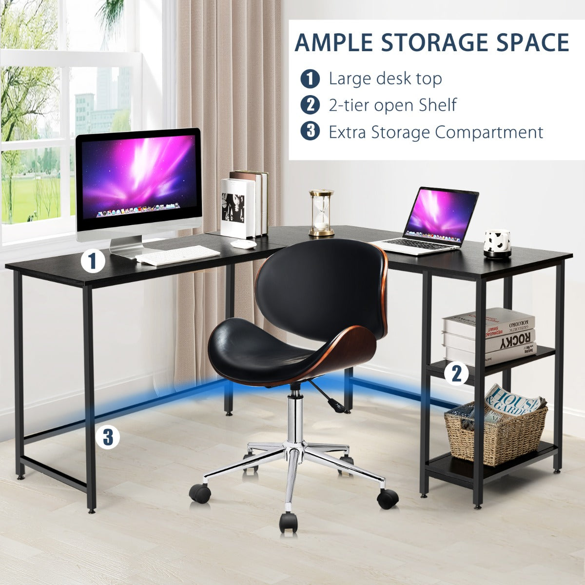 L-Shaped Desk with 2-Tier Storage Shelf for Home