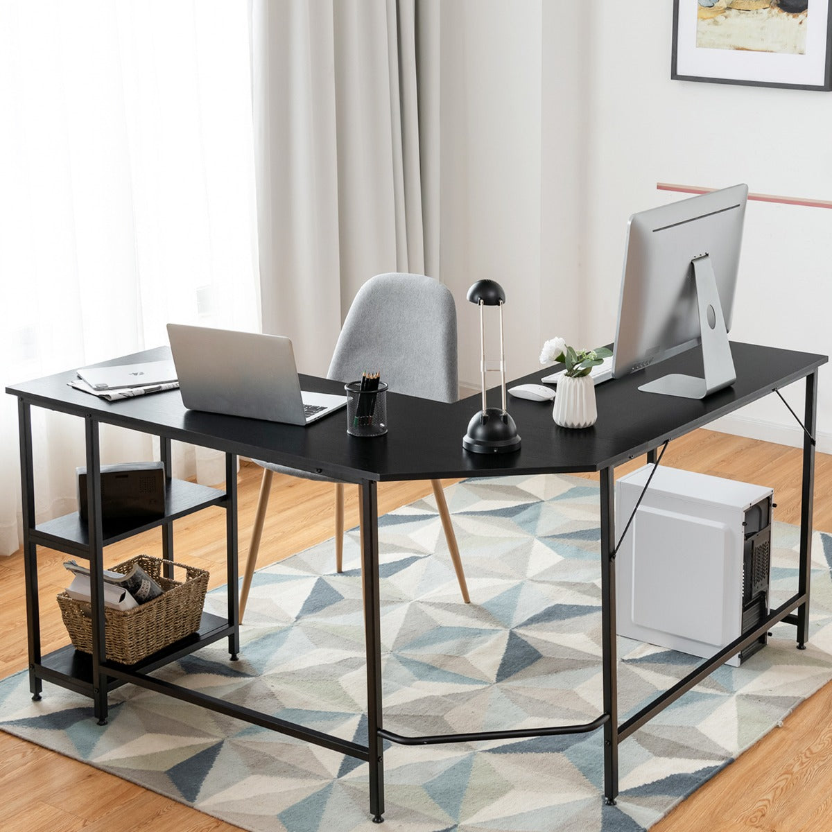 L-Shaped Desk with 2-Tier Storage Shelf for Home